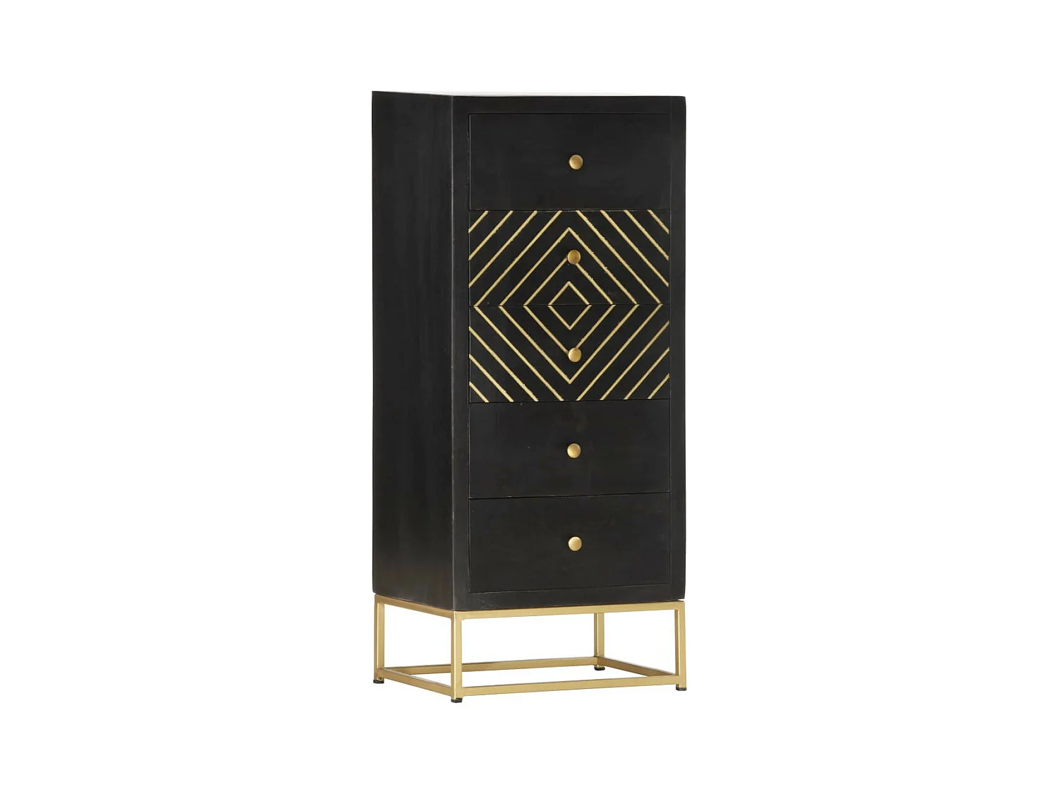 Commode haute 5 tiroirs bois de manguier noir et pieds metal doré Viza