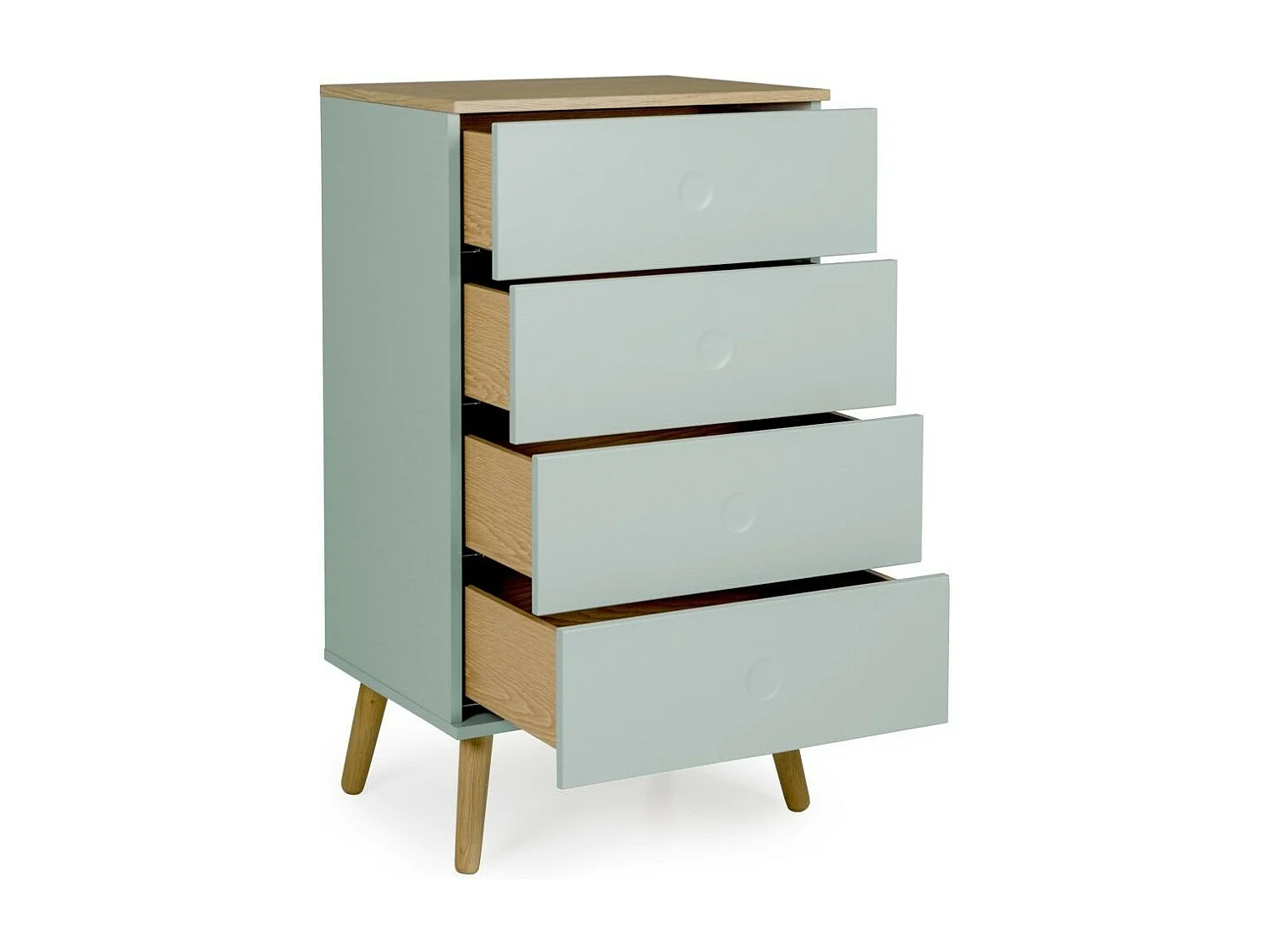 Chiffonnier 4 tiroirs laqué vert et pieds chêne massif clair Pecas