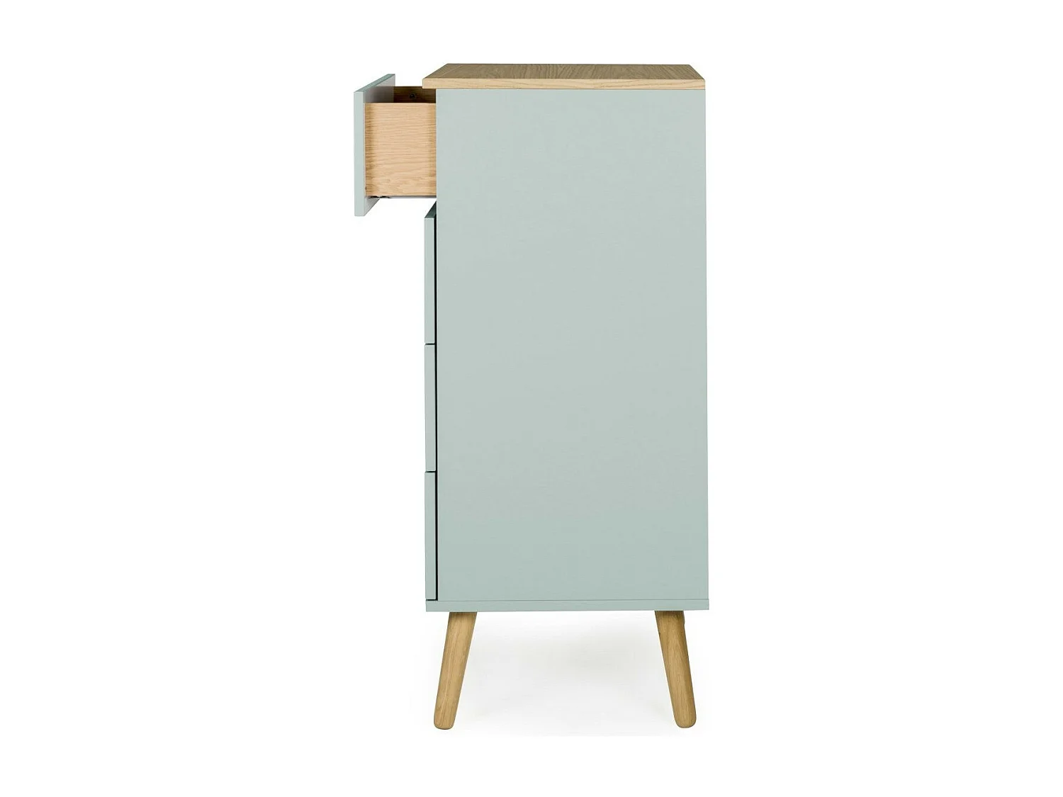 Chiffonnier 4 tiroirs laqué vert et pieds chêne massif clair Pecas