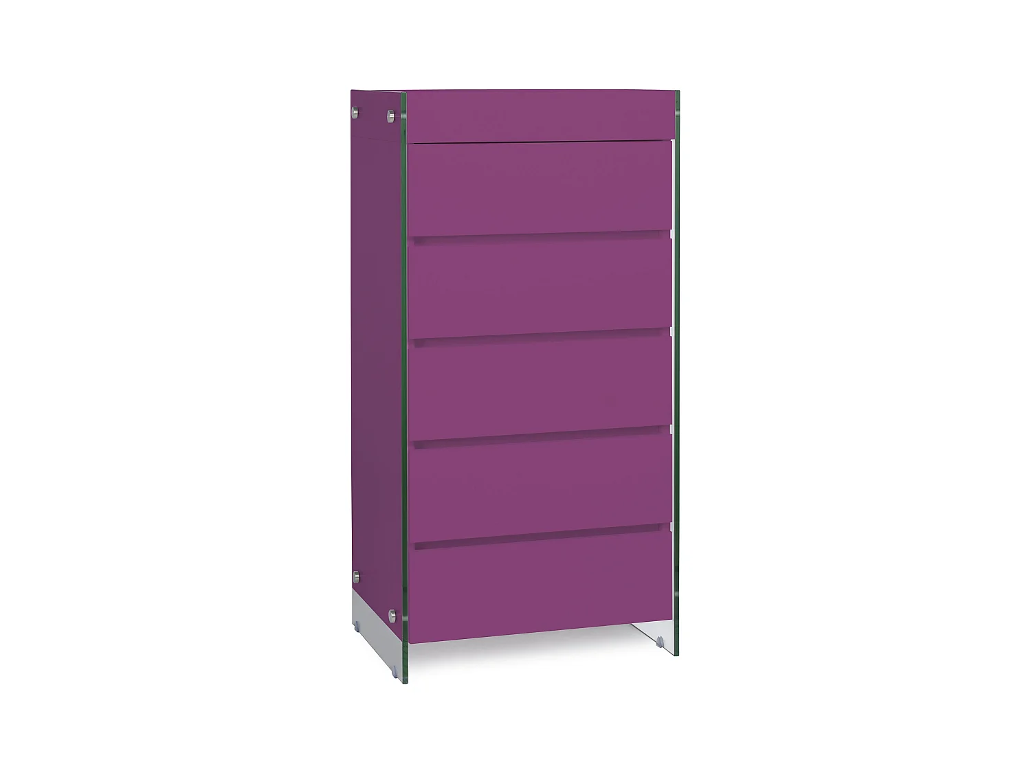 Meuble de rangement 5 tiroirs bois laqué violet et pieds verre trempé Dyn