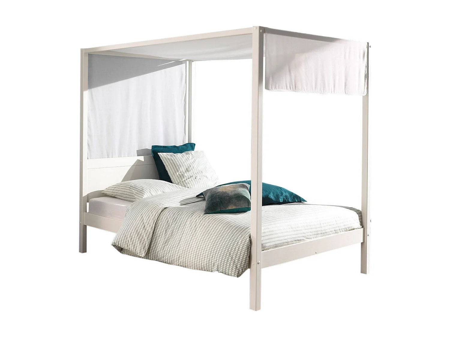 Cama con dosel 140x200 cm con dosel de pino macizo lacado blanco Pinie