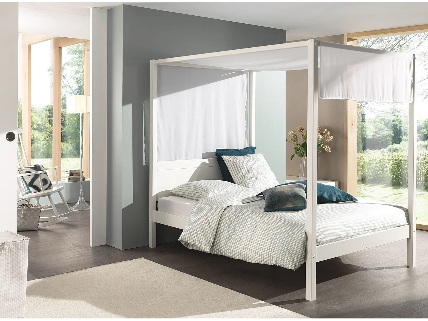 Cama con dosel 140x200 cm con dosel de pino macizo lacado blanco Pinie