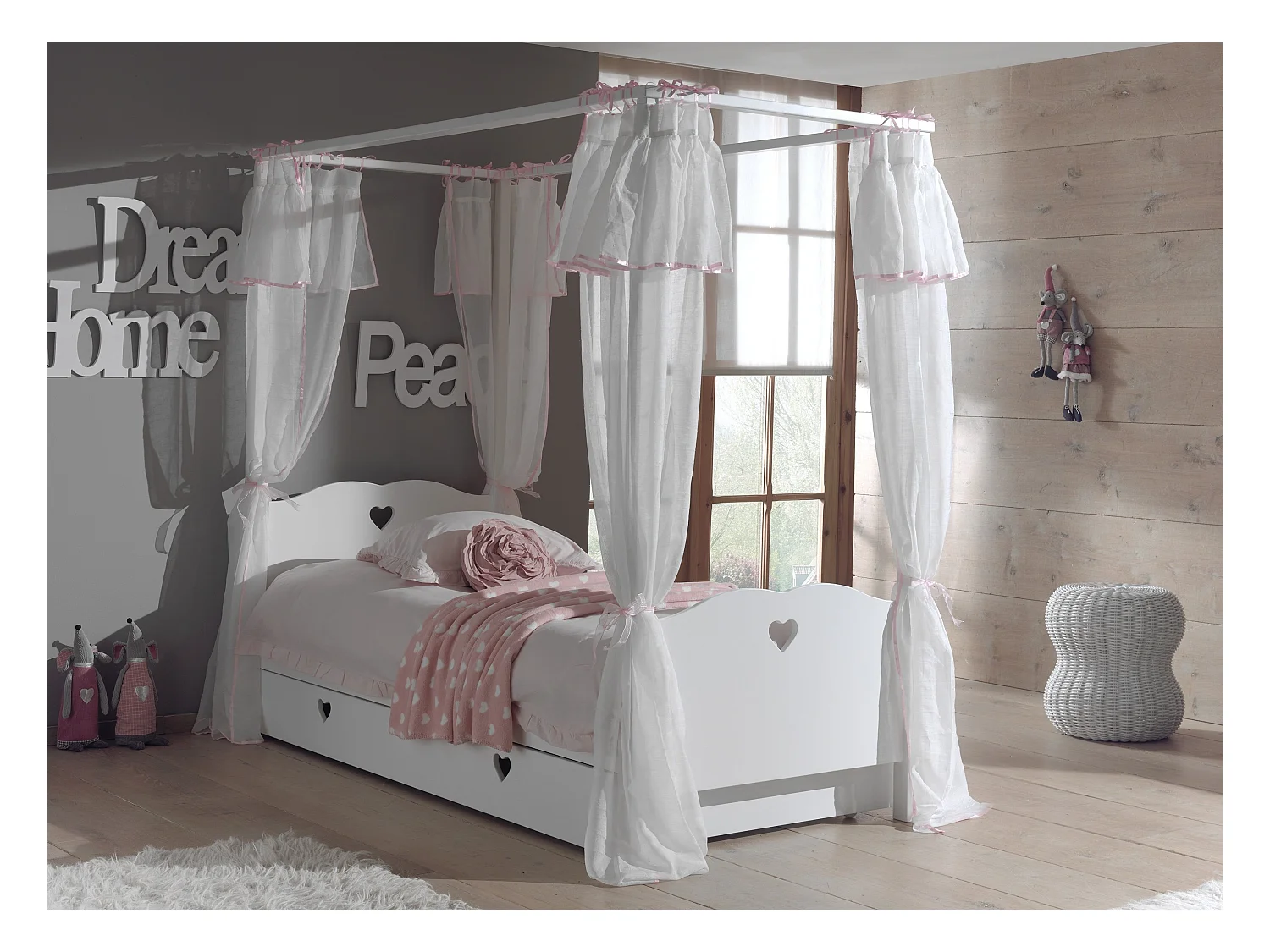 Pack - Lit à Baldaquin Enfant, Voile & Tiroir "Amori" 90x200cm Blanc