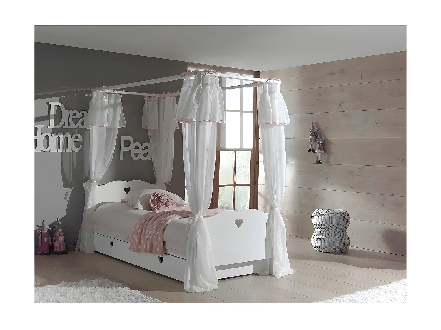 Pack - Lit à Baldaquin Enfant, Voile & Tiroir "Amori" 90x200cm Blanc