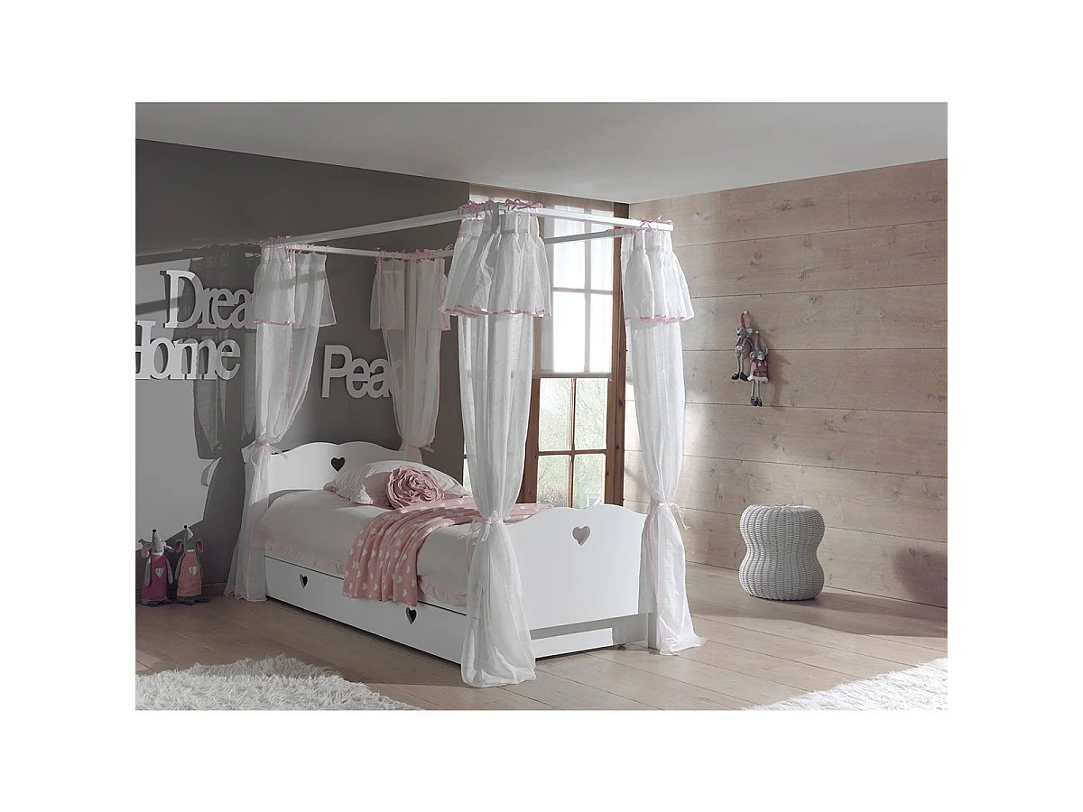 Pack - Lit à Baldaquin Enfant, Voile & Tiroir "Amori" 90x200cm Blanc