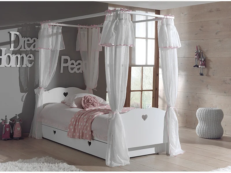 Pack - Lit à Baldaquin Enfant, Voile & Tiroir "Amori" 90x200cm Blanc