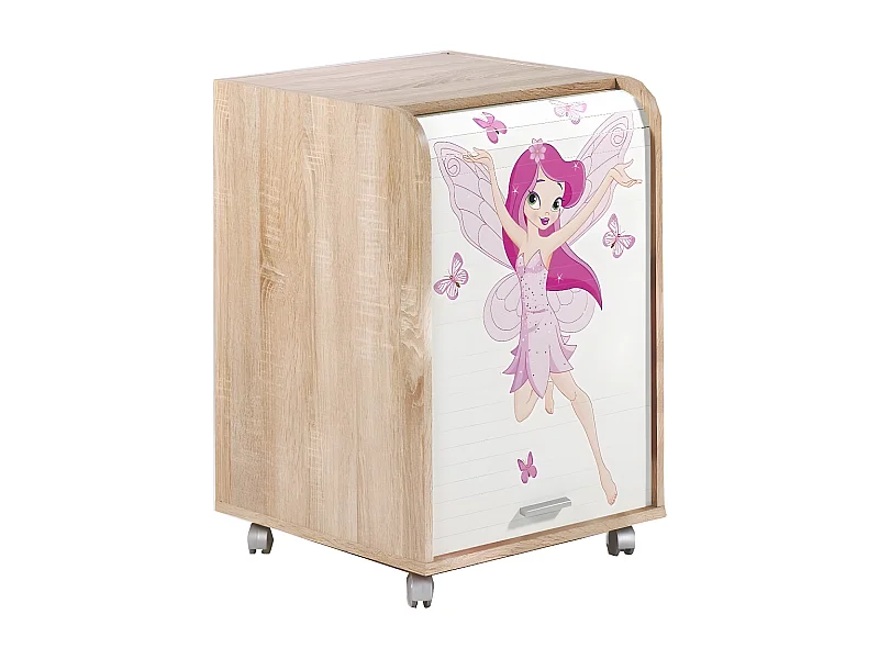 Caisson à rideau sur roulettes 2 tiroirs bois clair imprimé petite fée Orga 70 cl