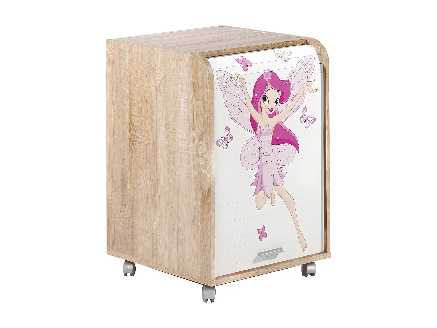 Caisson à rideau sur roulettes 2 tiroirs bois clair imprimé petite fée Orga 70 cl