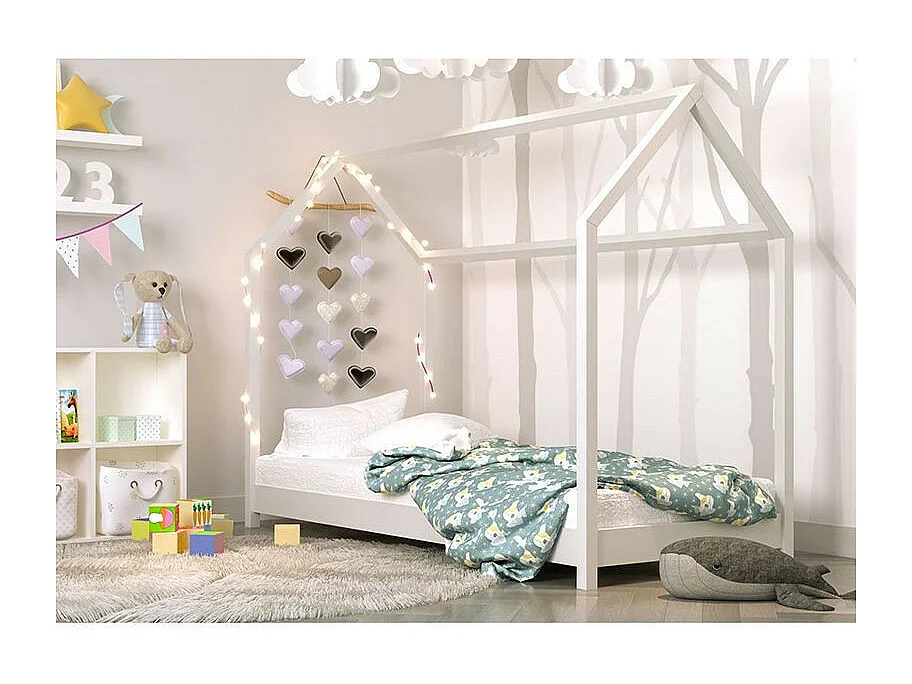 Lit cabane blanc 90x200 avec sommier en bois