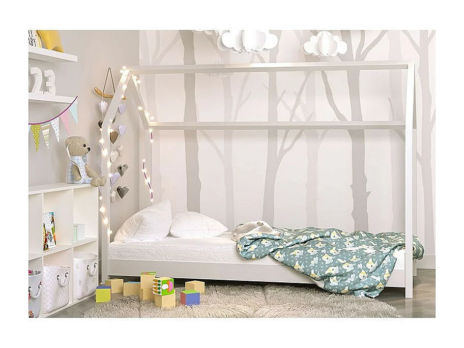 Lit cabane blanc 90x200 avec sommier en bois