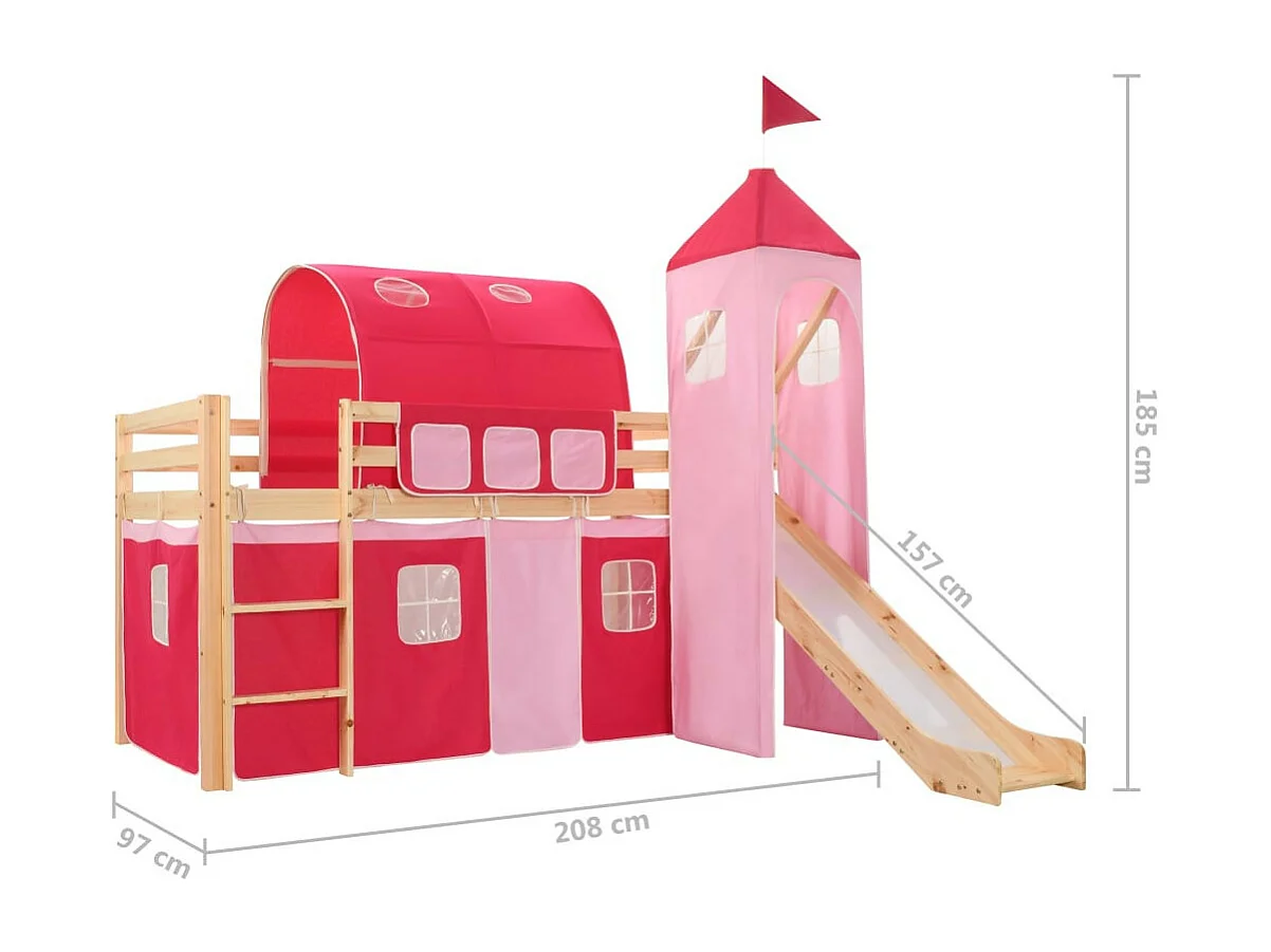Lit mezzanine d'enfants avec toboggan et échelle Pin 208x230