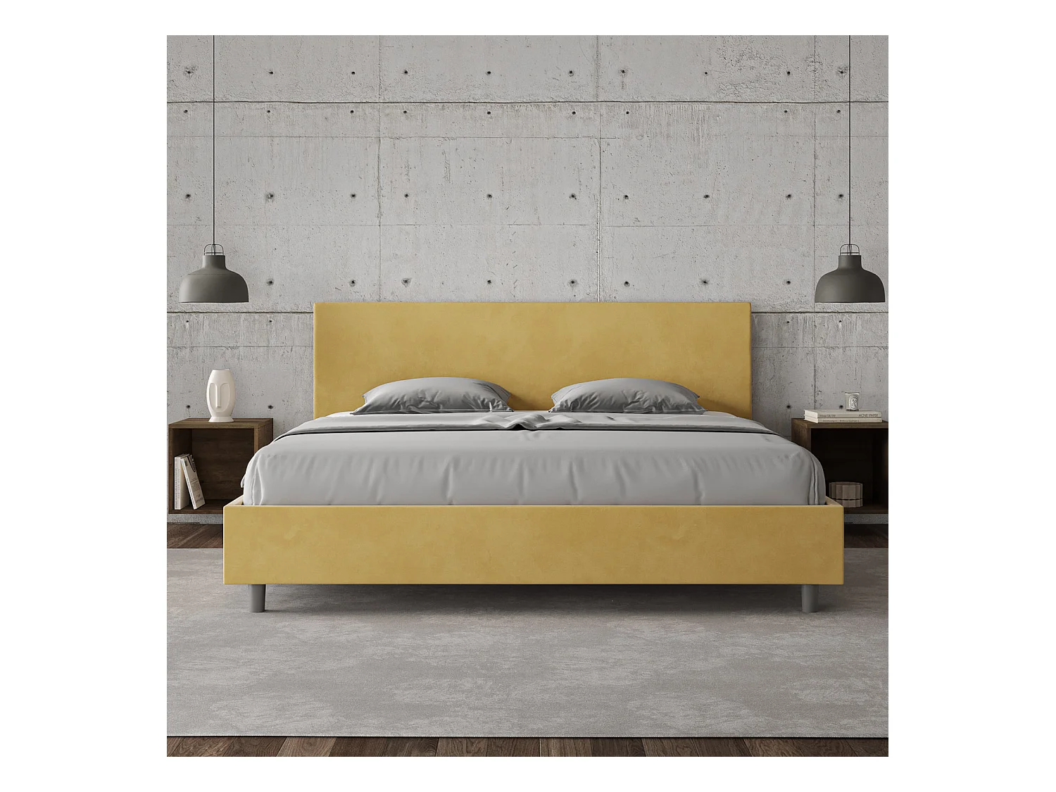 Lit adulte moderne microfibre Adelyne-Couleur Jaune curry-180x200-Option Avec sommier