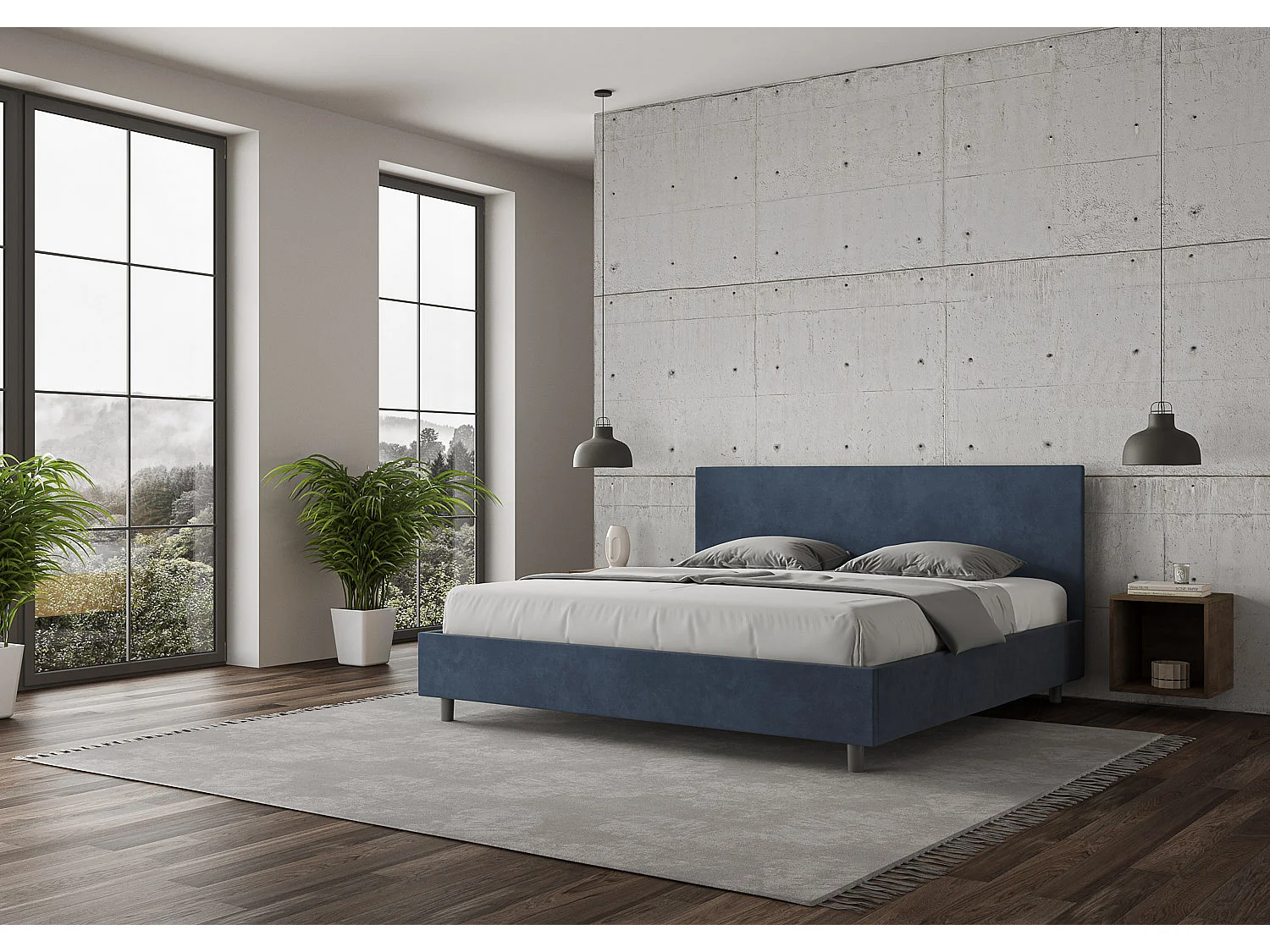 Lit adulte moderne microfibre Adelyne-Couleur Bleu marine-200x200-Option Avec sommier