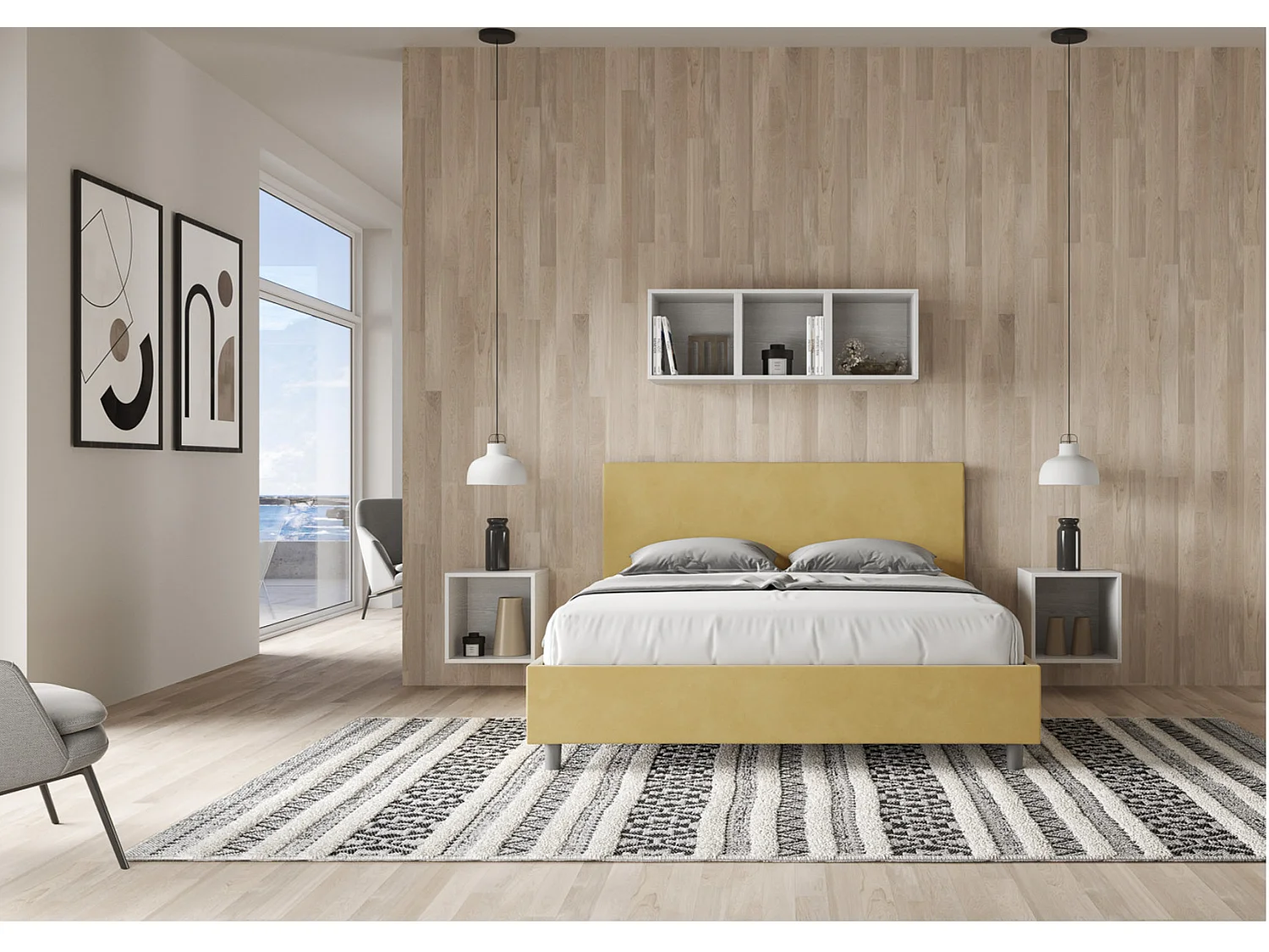 Lit adulte moderne microfibre Adelyne-Couleur Jaune curry-160x200-Option Avec sommier