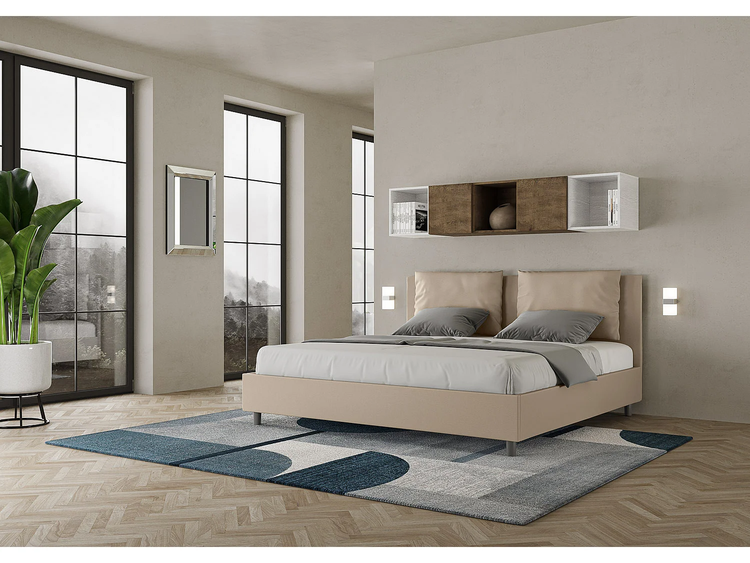 Cama para adultos moderna con cojines acolchados de piel sintética Anja.-Color ribete verde crudo-Ropa de cama 180x200 cm-Opción Con base y caja