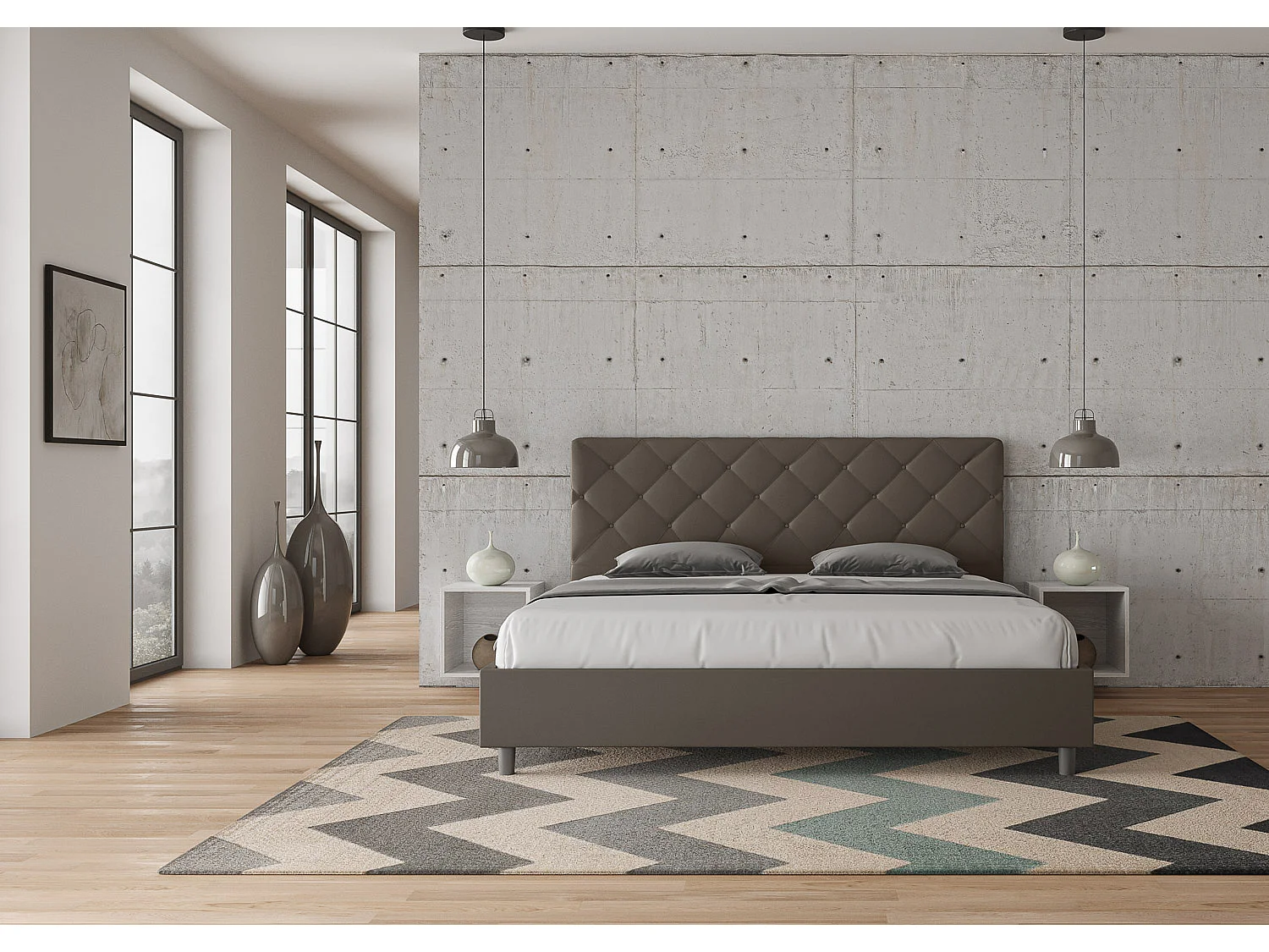 Lit adulte italien matelassé simili cuir Paryse-Couleur Marron-180x200-Option Avec coffre