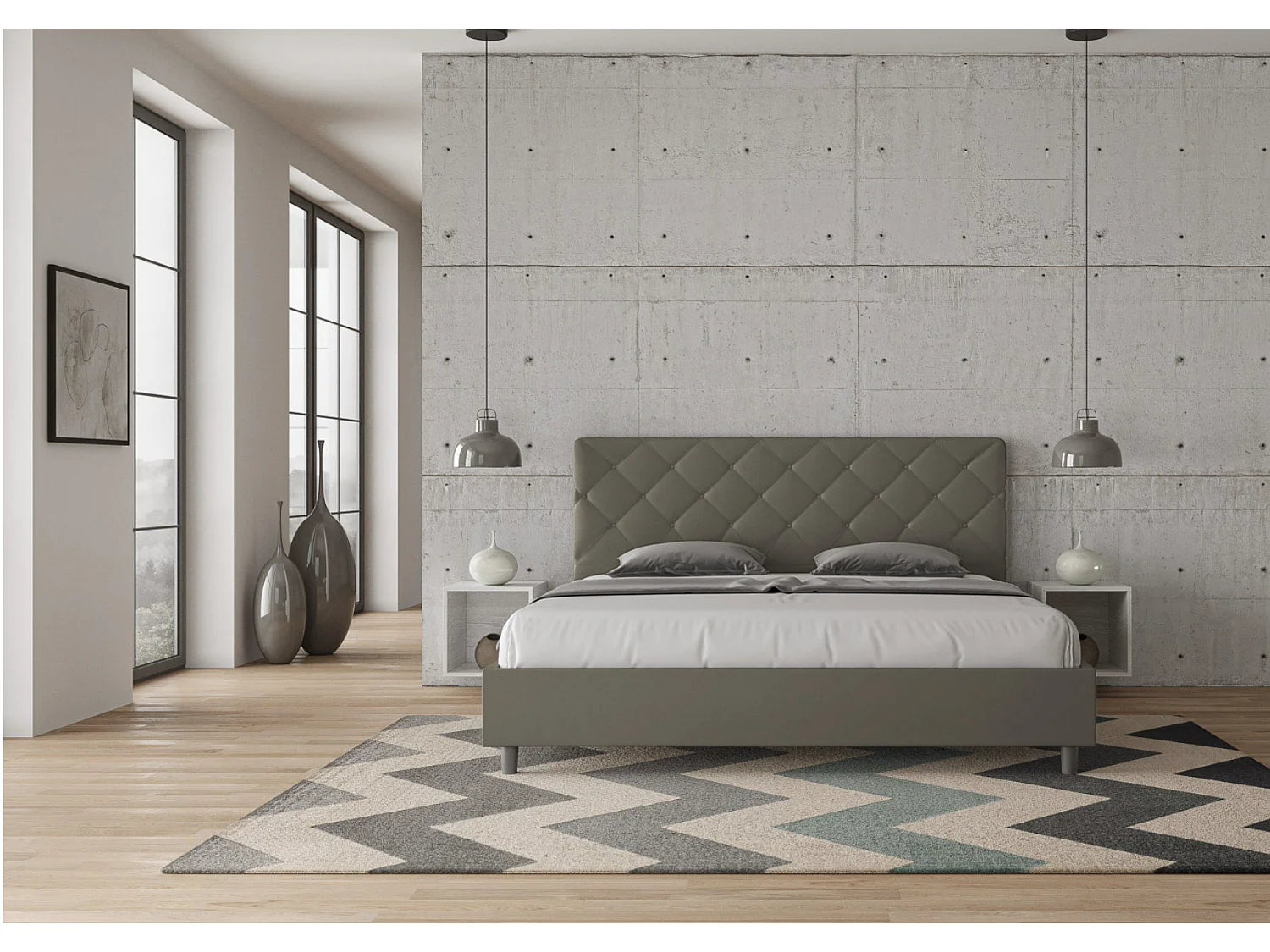 Lit adulte italien matelassé simili cuir Paryse-Couleur Marron-160x200-Option Avec sommier