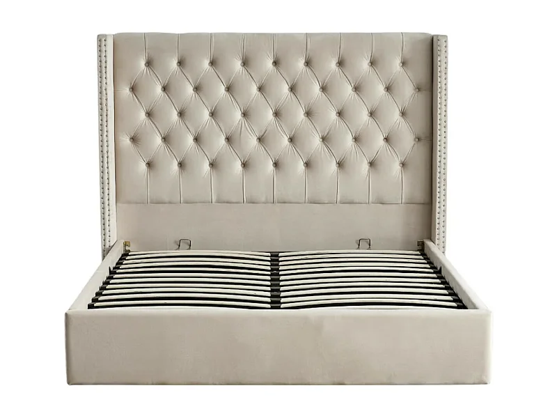 Lit coffre avec grande tête de lit capitonnée velours Loumea-Couleur Beige clair-160x200