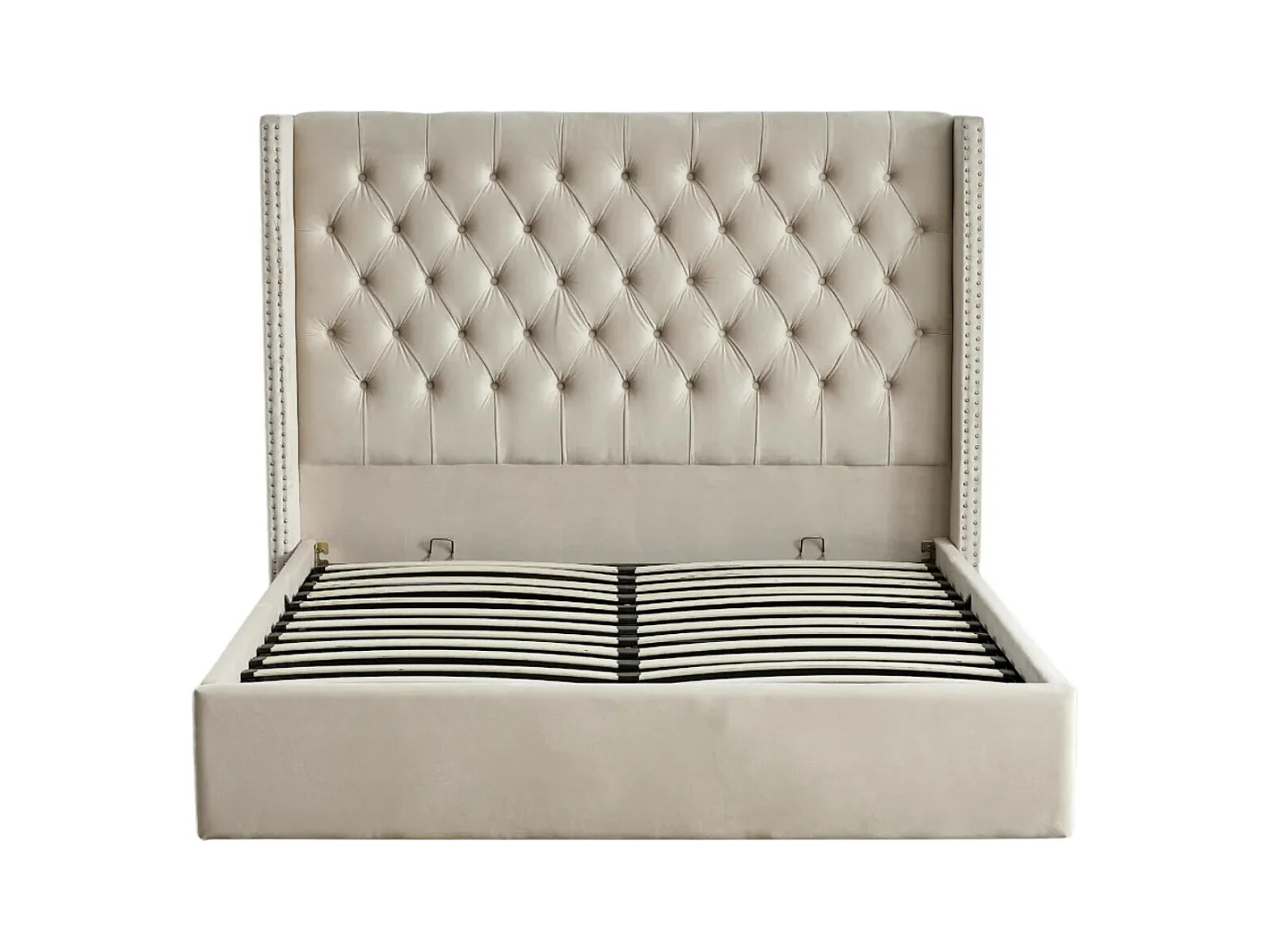 Lit coffre avec grande tête de lit capitonnée velours Loumea-Couleur Beige clair-160x200