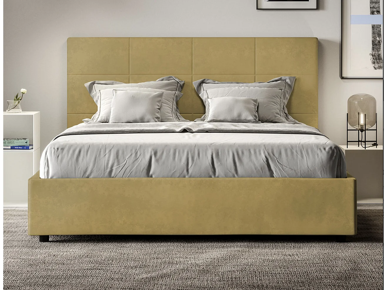 Mira microvezel gestoffeerd bed-Kleur Kerrie geel-Slapen 140x190cm-Keuze Met boxspring