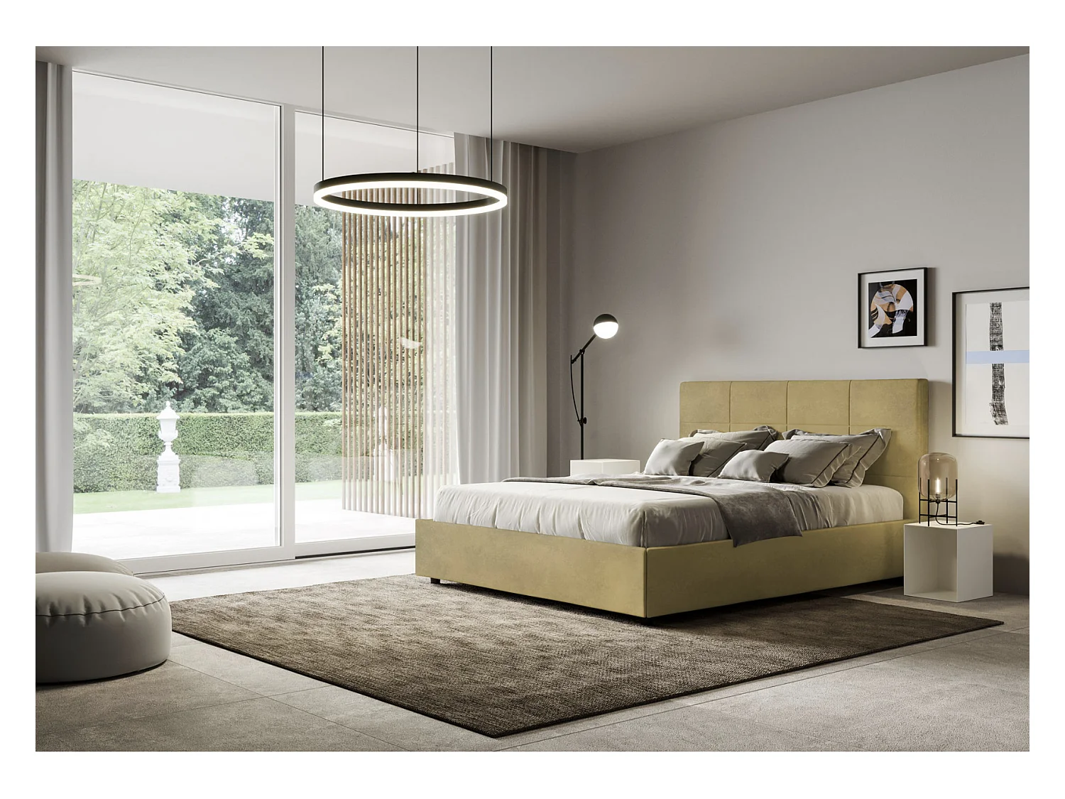 Lit capitonné microfibre Mira-Couleur Jaune curry-140x190-Option Avec sommier