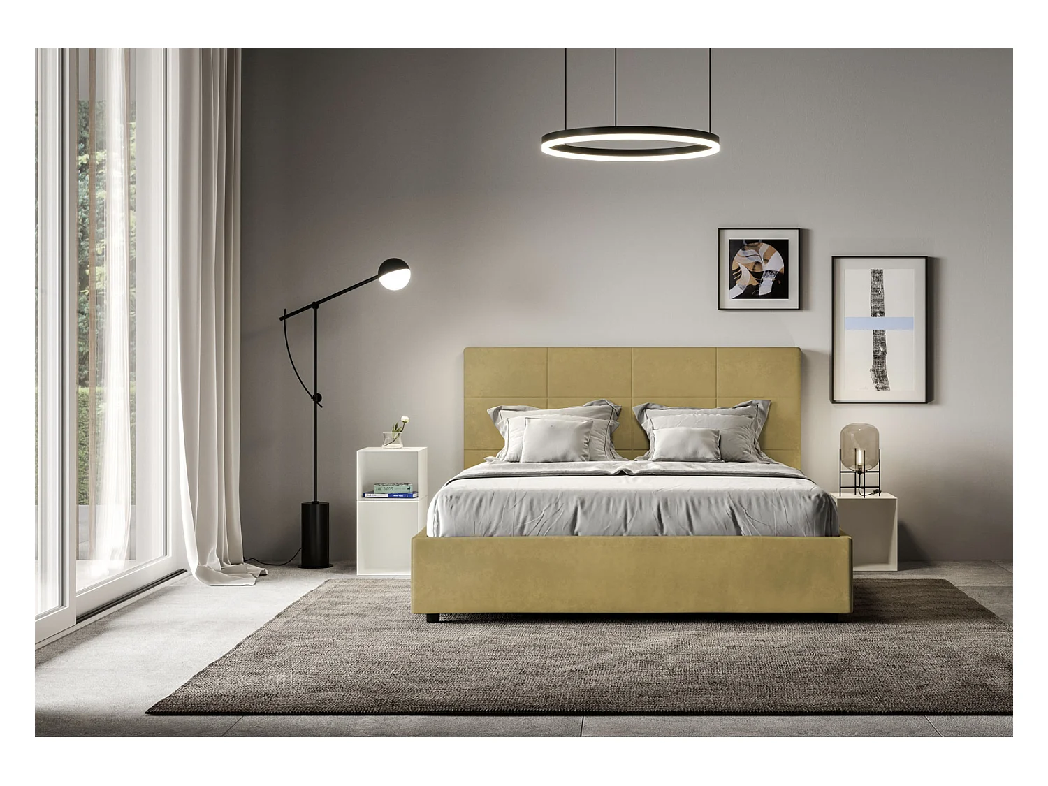 Lit capitonné microfibre Mira-Couleur Jaune curry-140x190-Option Avec sommier