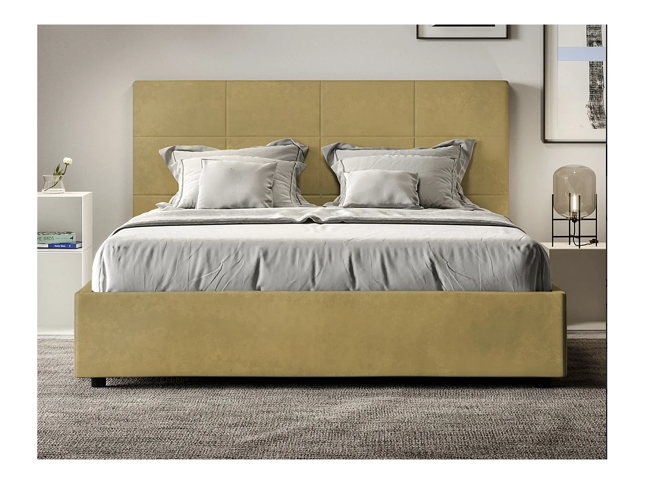 Lit capitonné microfibre Mira-Couleur Jaune curry-140x190-Option Avec sommier