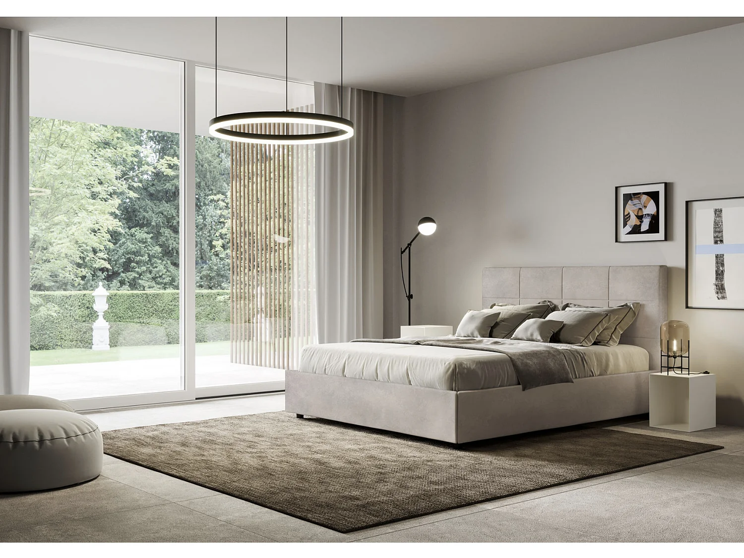 Lit capitonné microfibre Mira-Couleur Beige-140x190-Option Avec sommier