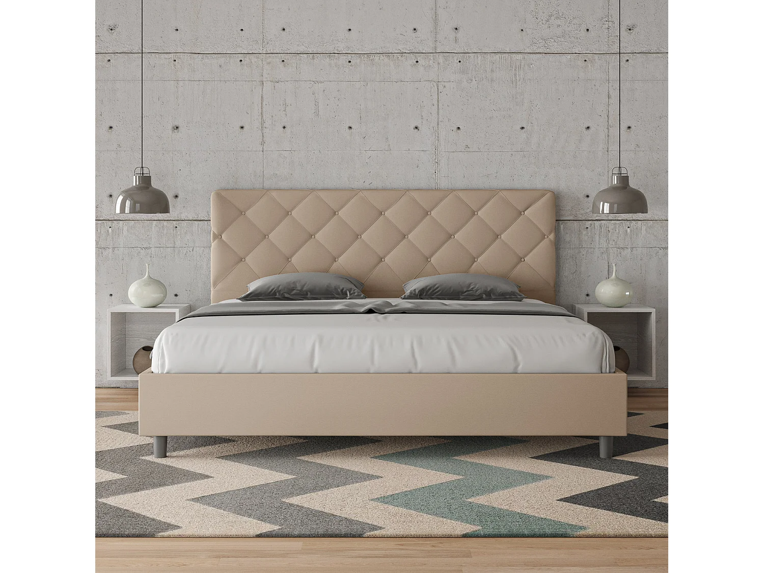 Lit adulte italien matelassé simili cuir Paryse-Couleur Beige clair-180x200-Option Avec sommier