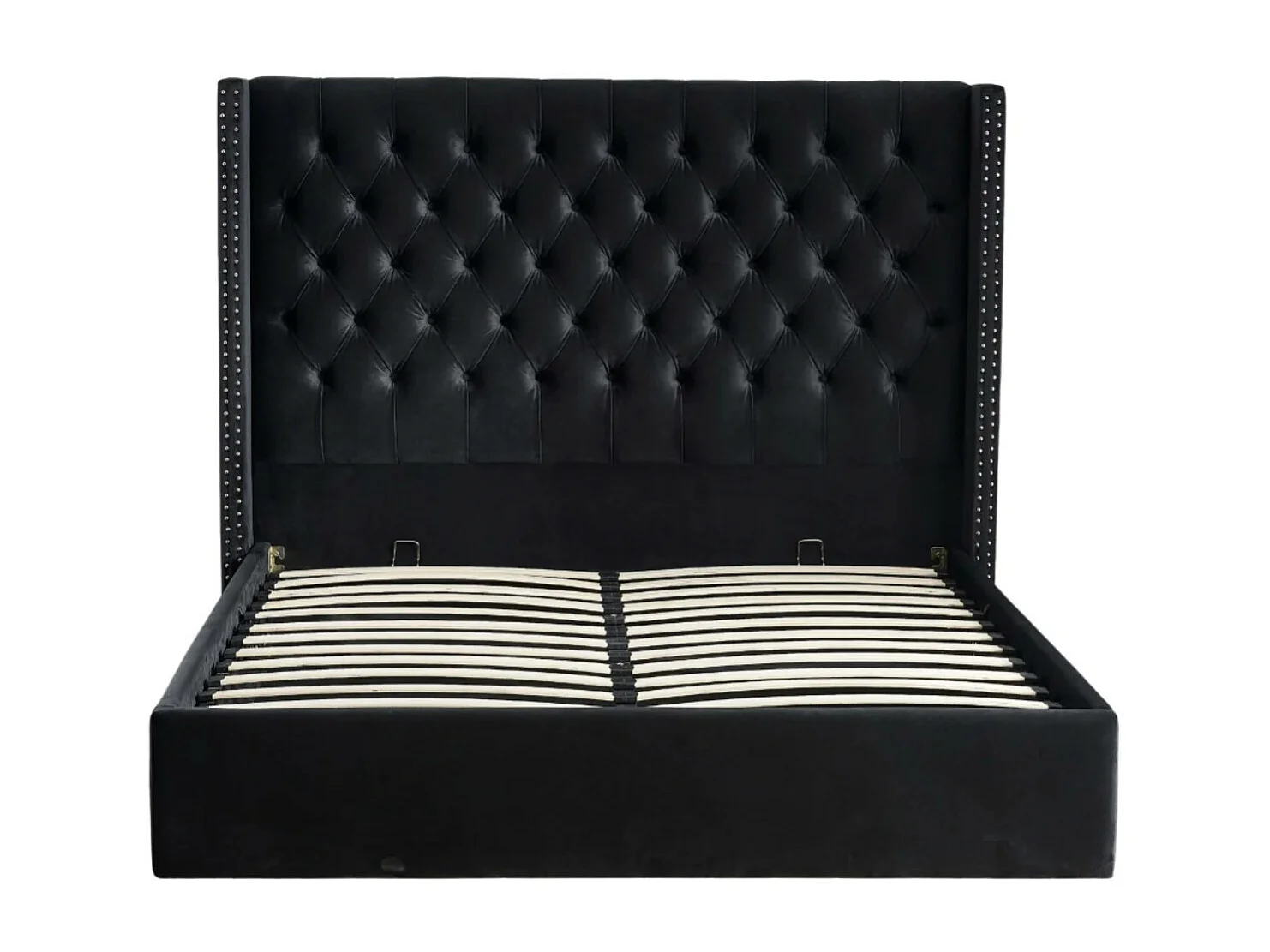 Lit coffre avec grande tête de lit capitonnée velours Loumea-Couleur Noir-180x200