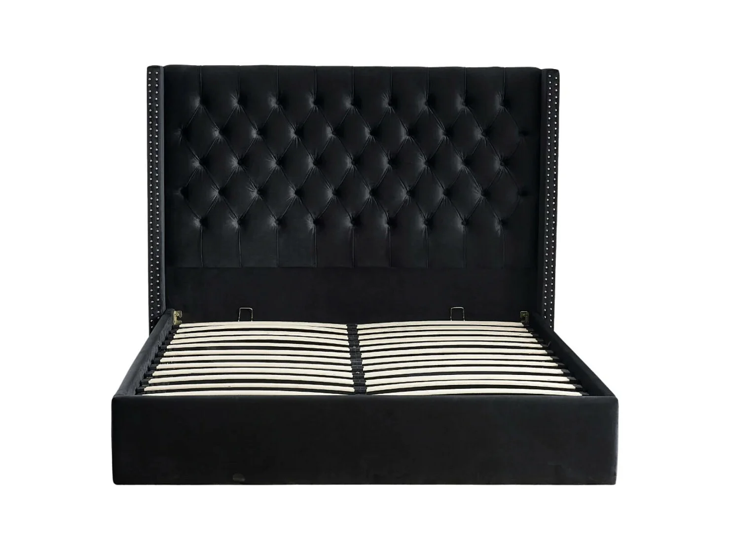 Lit coffre avec grande tête de lit capitonnée velours Loumea-Couleur Noir-180x200
