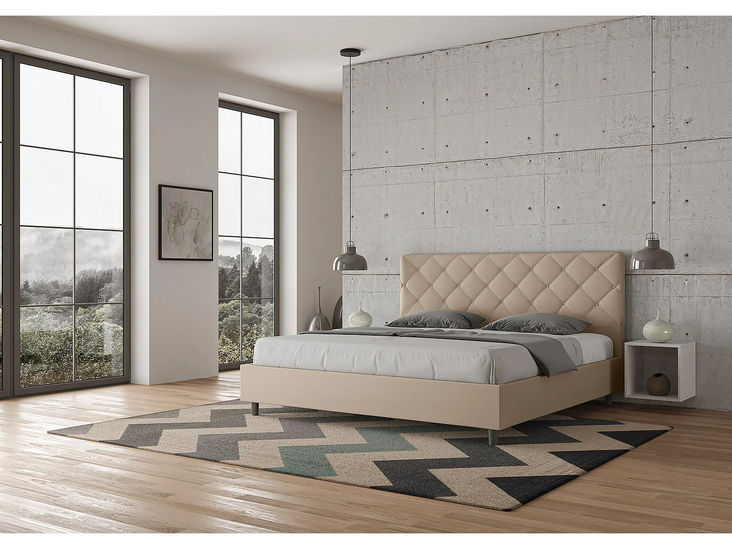 Lit king size avec sommier rembourré 200x200 similicuir taupe Priya