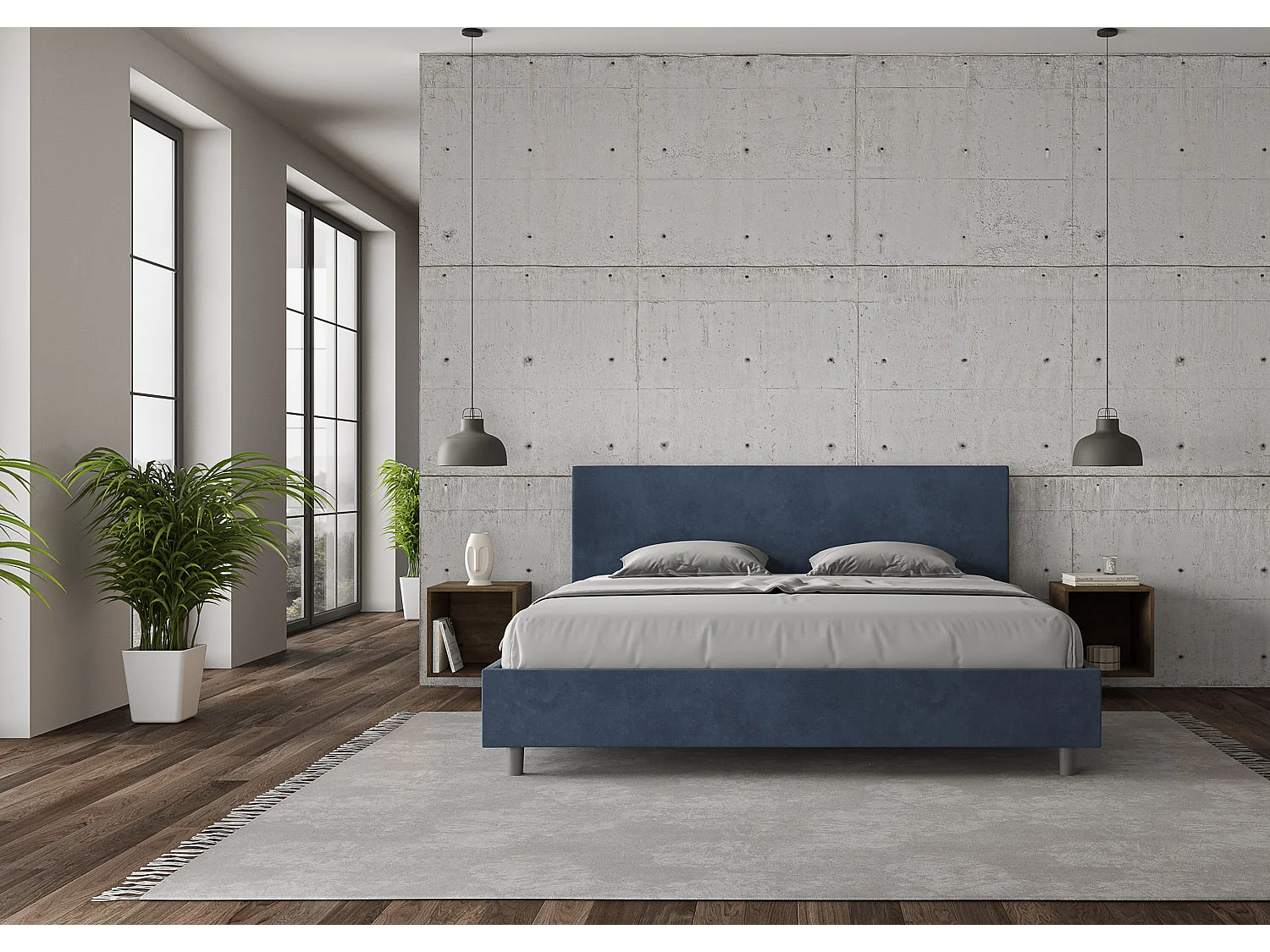 Lit adulte moderne microfibre Adelyne-Couleur Bleu foncé-180x200