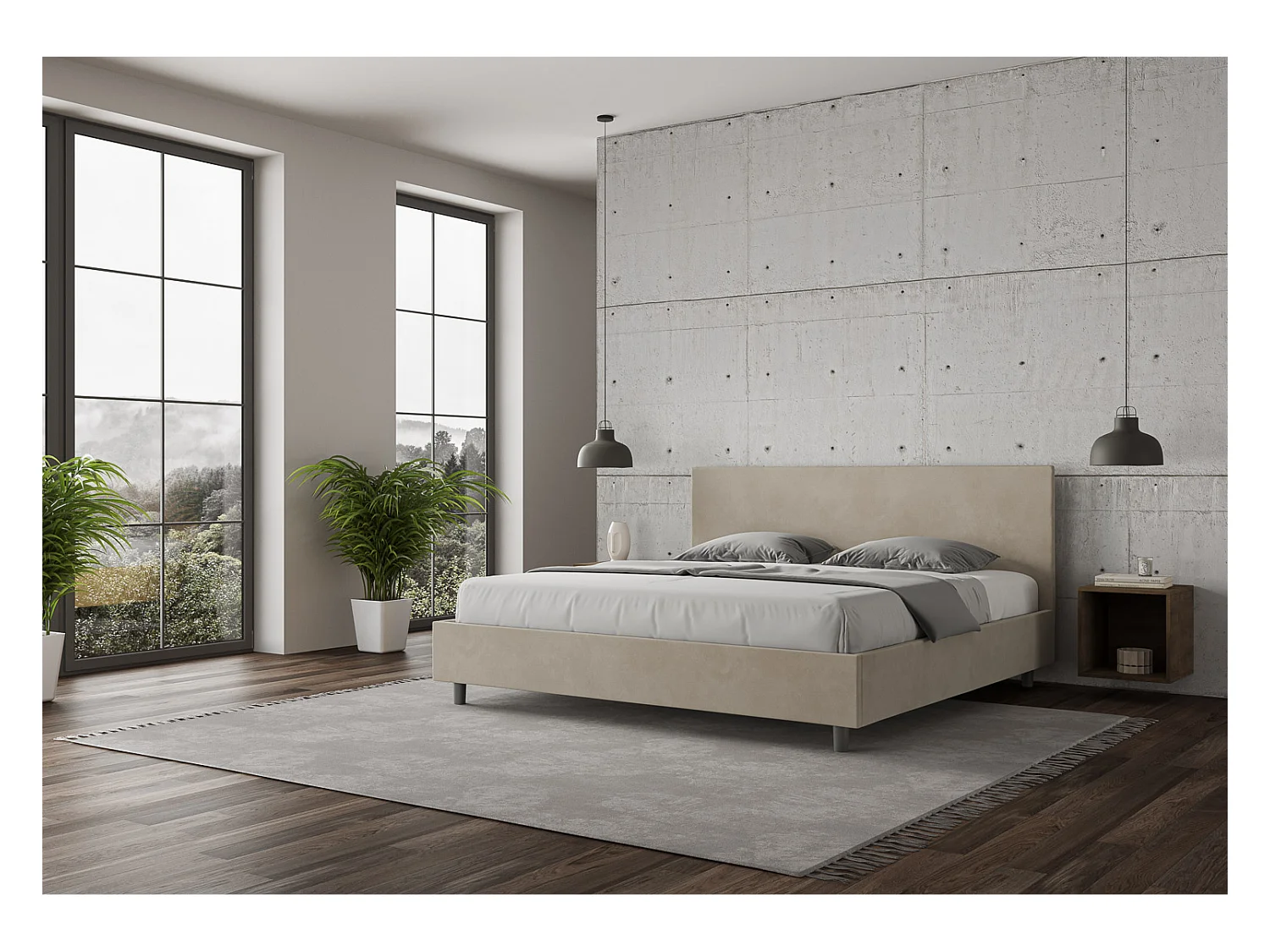 Lit adulte moderne microfibre Adelyne-Couleur Beige-180x200-Option Avec coffre