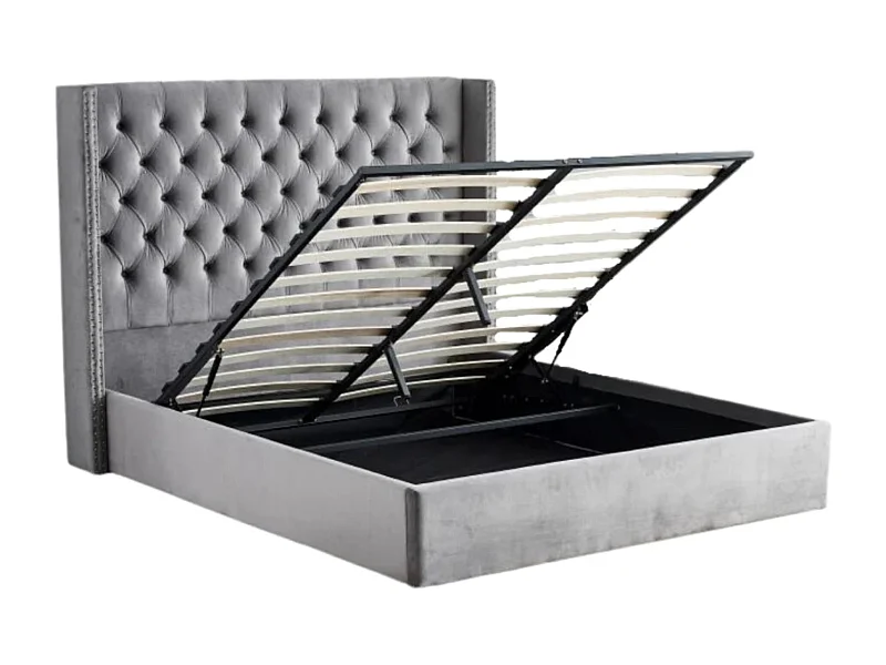 Lit coffre avec grande tête de lit capitonnée velours Loumea-Couleur Gris clair-180x200