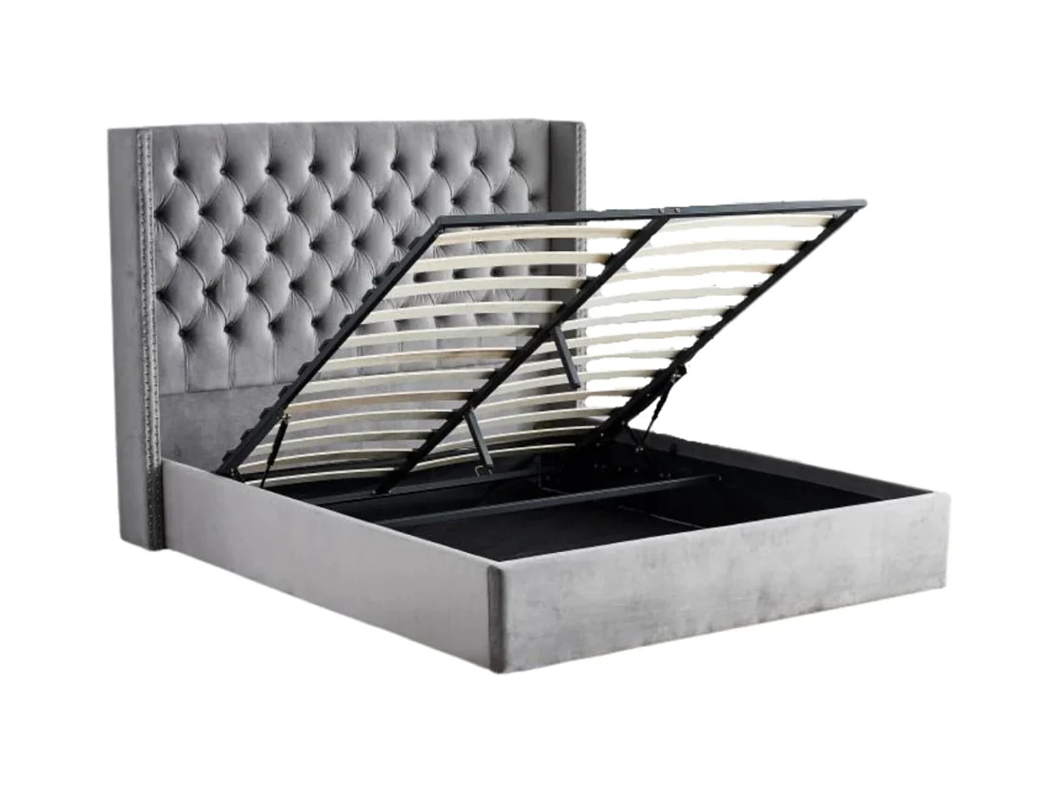 Lit coffre avec grande tête de lit capitonnée velours Loumea-Couleur Gris clair-180x200