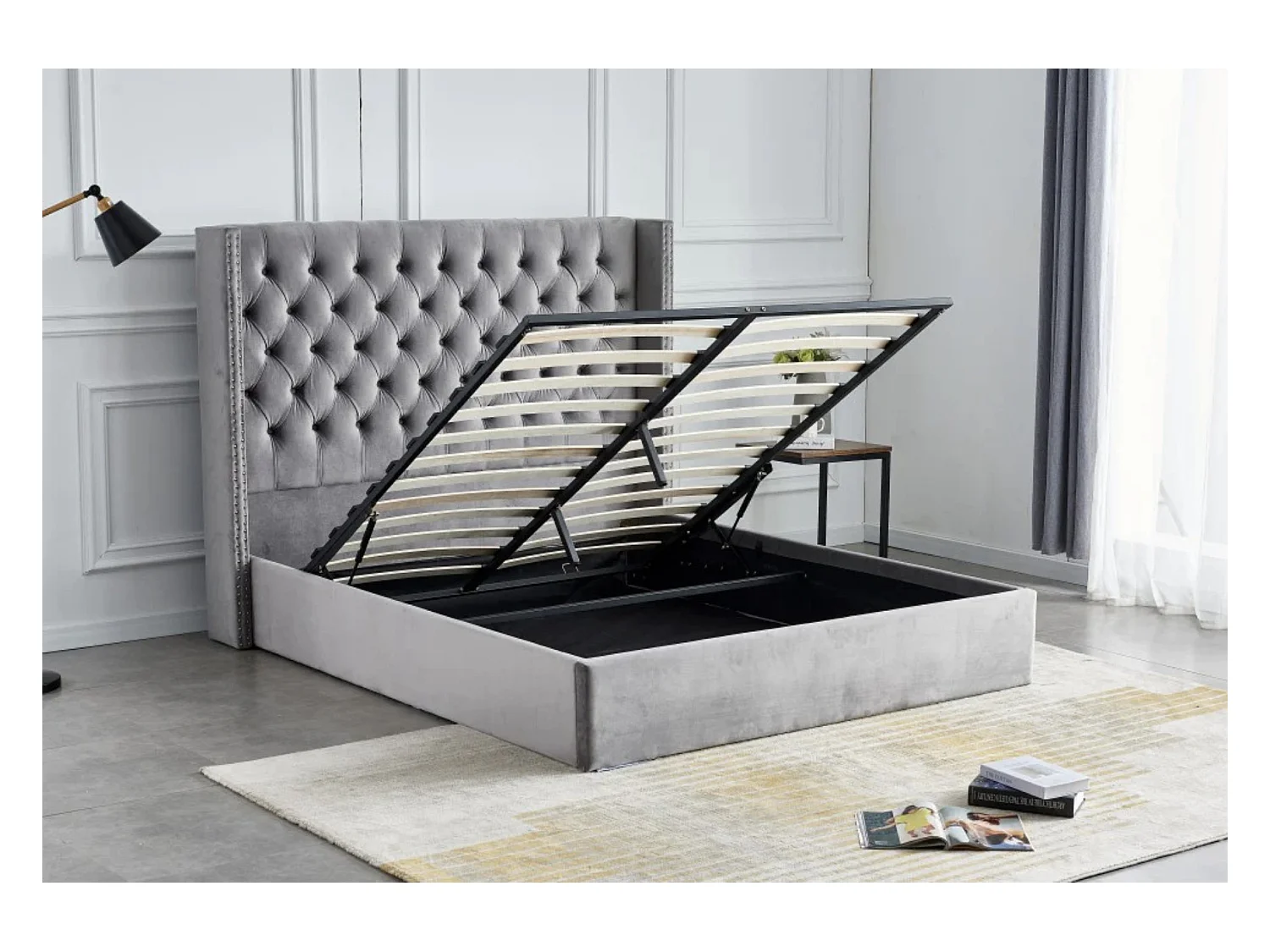 Lit coffre avec grande tête de lit capitonnée velours Loumea-Couleur Noir-140x190