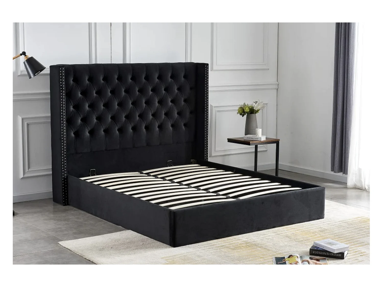 Lit coffre avec grande tête de lit capitonnée velours Loumea-Couleur Noir-140x190