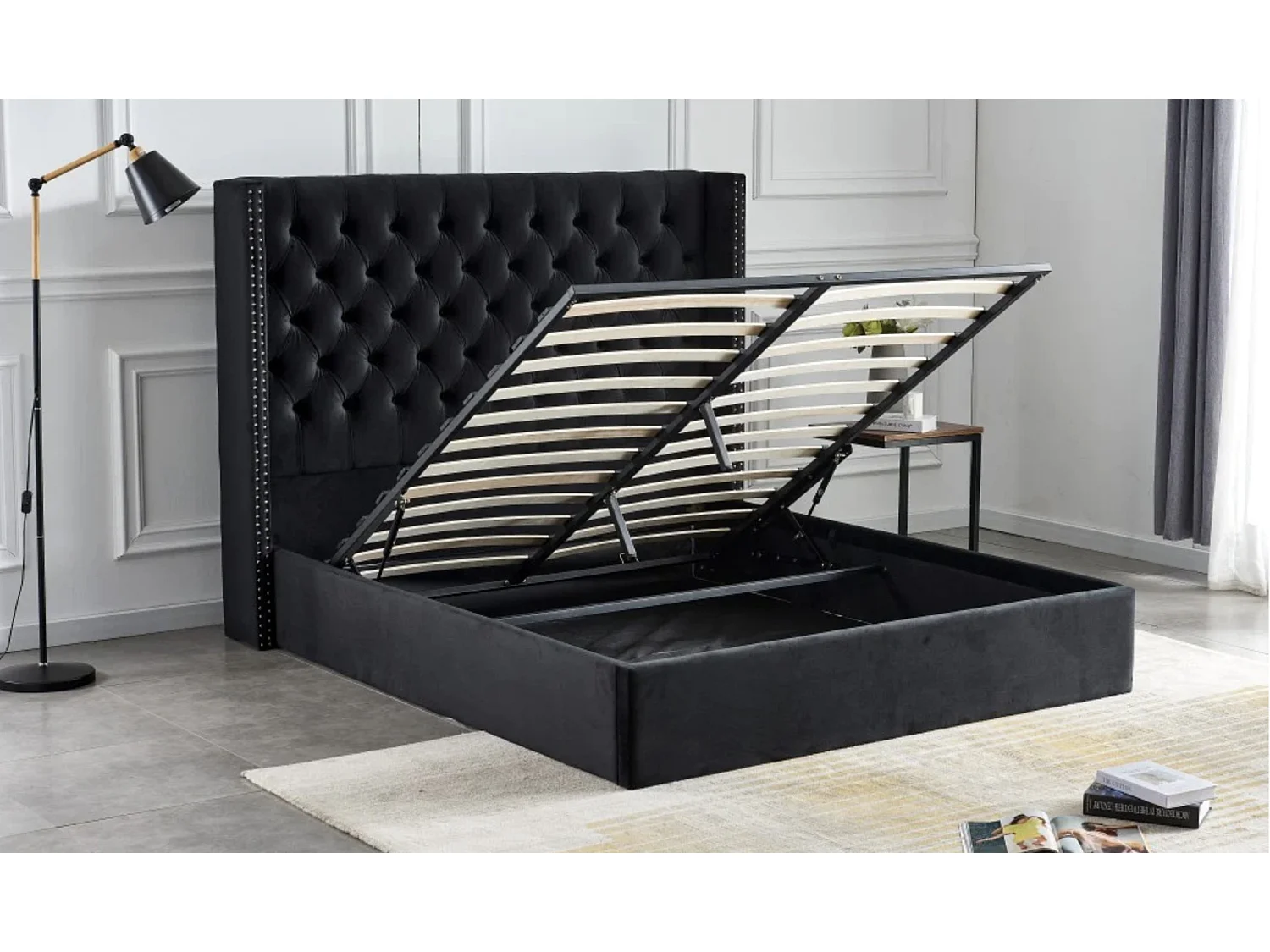 Lit coffre avec grande tête de lit capitonnée velours Loumea-Couleur Noir-140x190