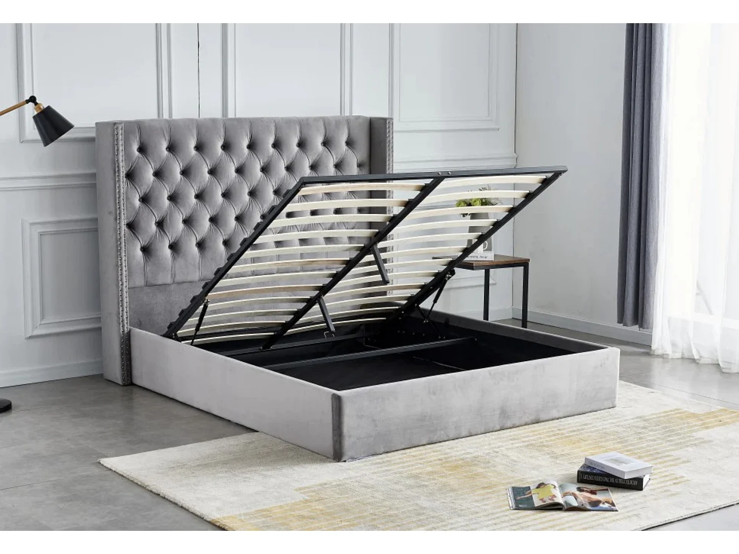 Lit coffre avec grande tête de lit capitonnée velours Loumea-Couleur Noir-140x190