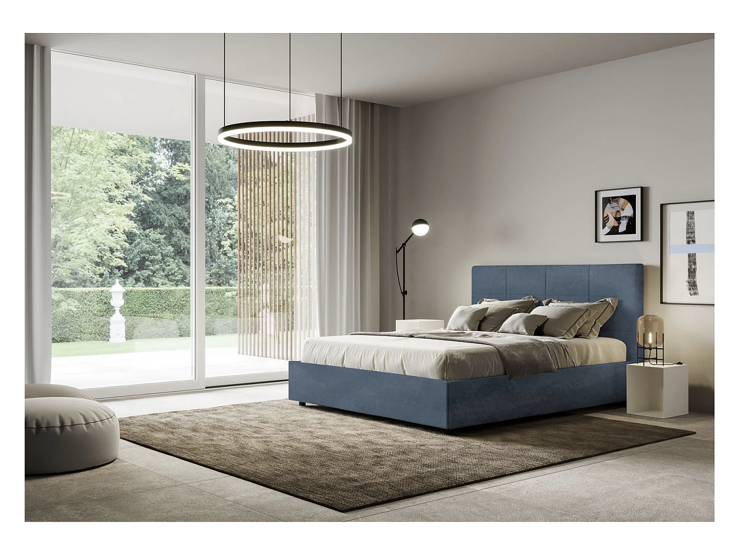 Lit capitonné microfibre Mira-Couleur Bleu foncé-120x190-Option Avec sommier