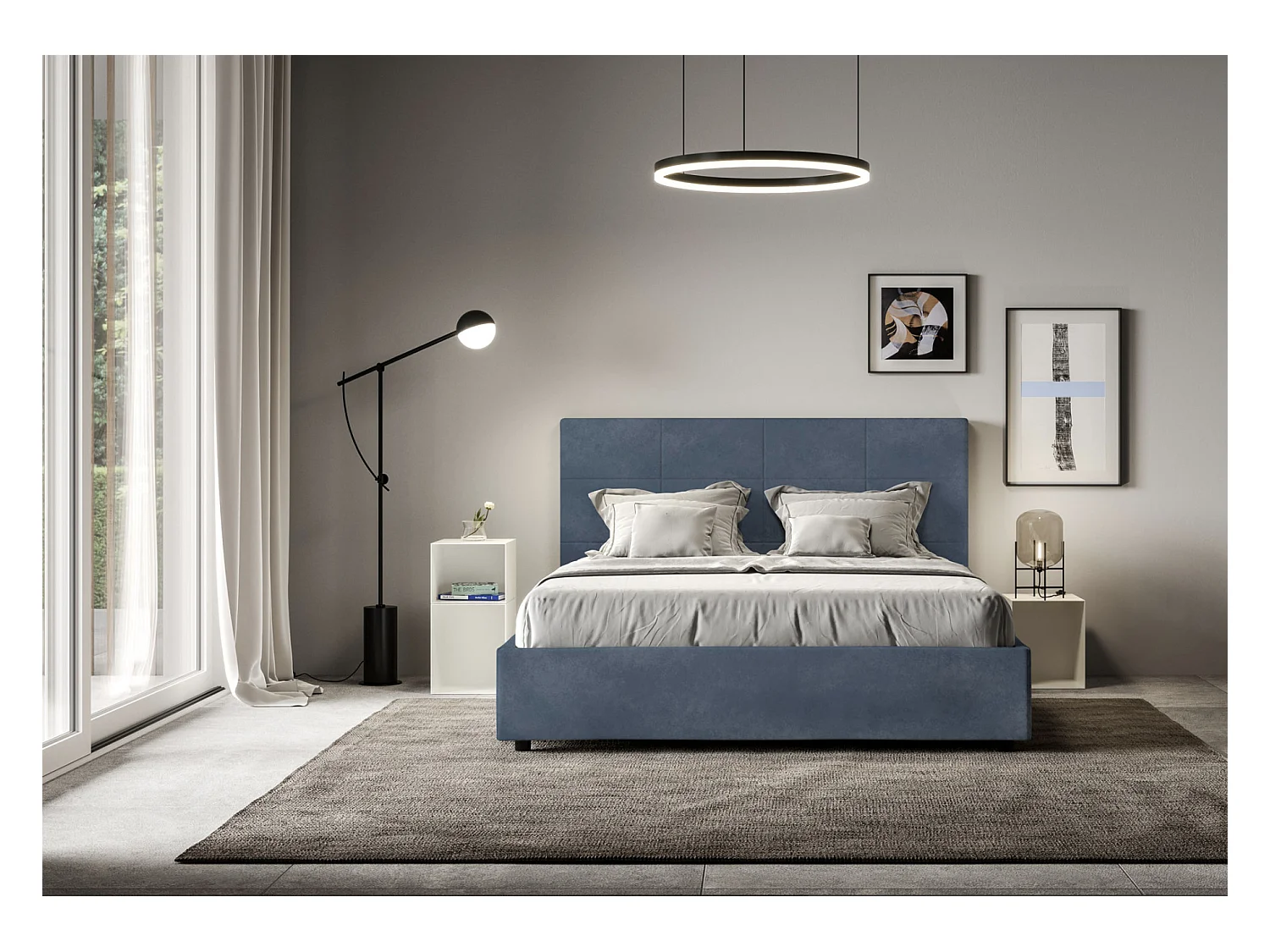 Lit capitonné microfibre Mira-Couleur Bleu foncé-120x190-Option Avec sommier