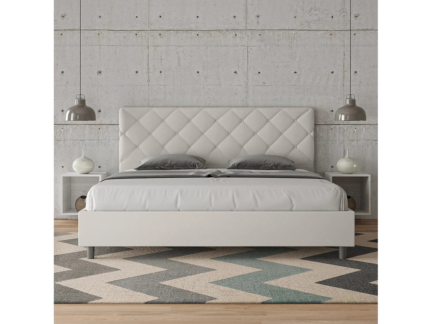 Lit king size avec sommier rembourré 200x200 similicuir blanc Priya