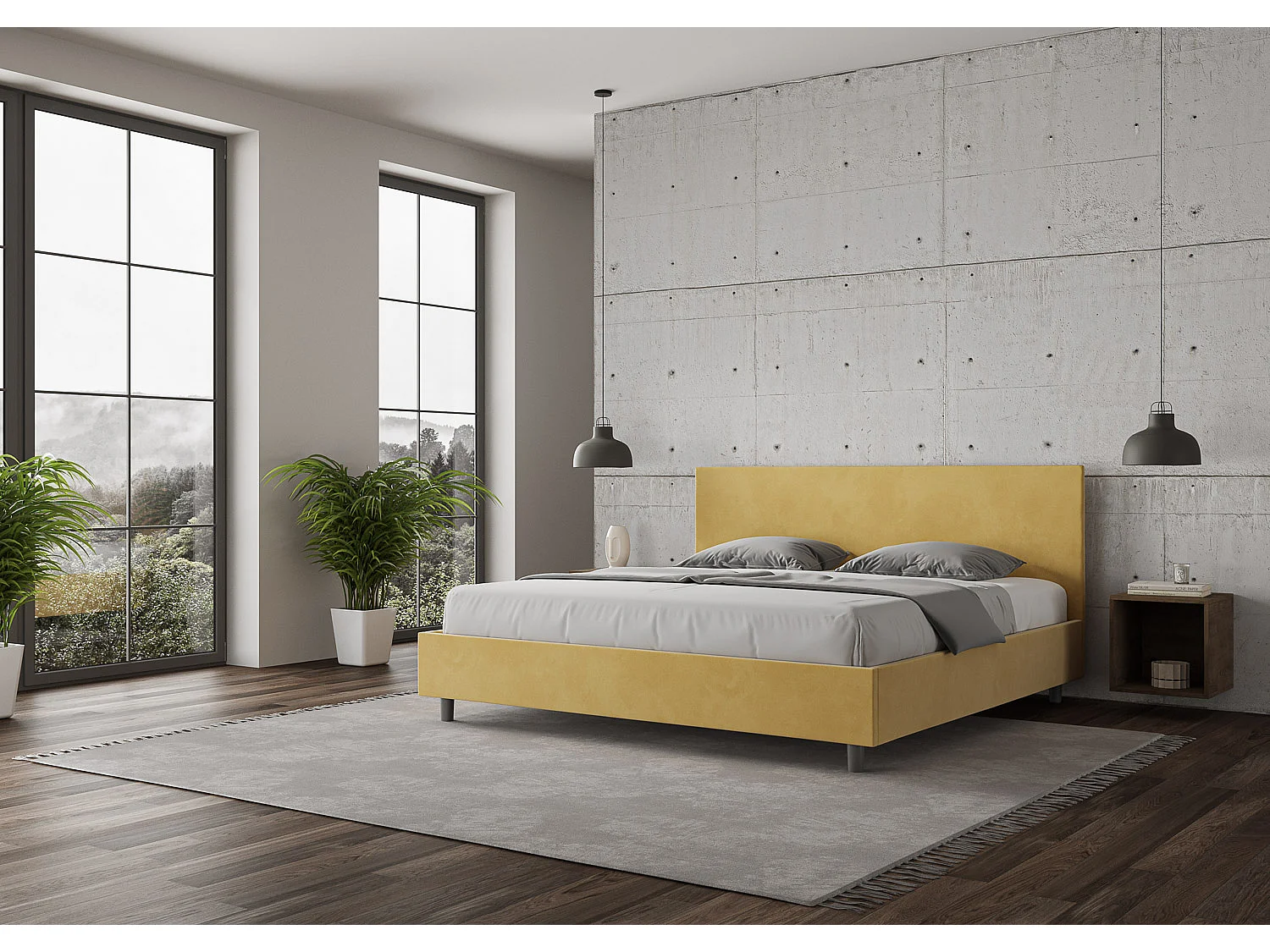 Lit adulte moderne microfibre Adelyne-Couleur Jaune curry-200x200-Option Avec coffre