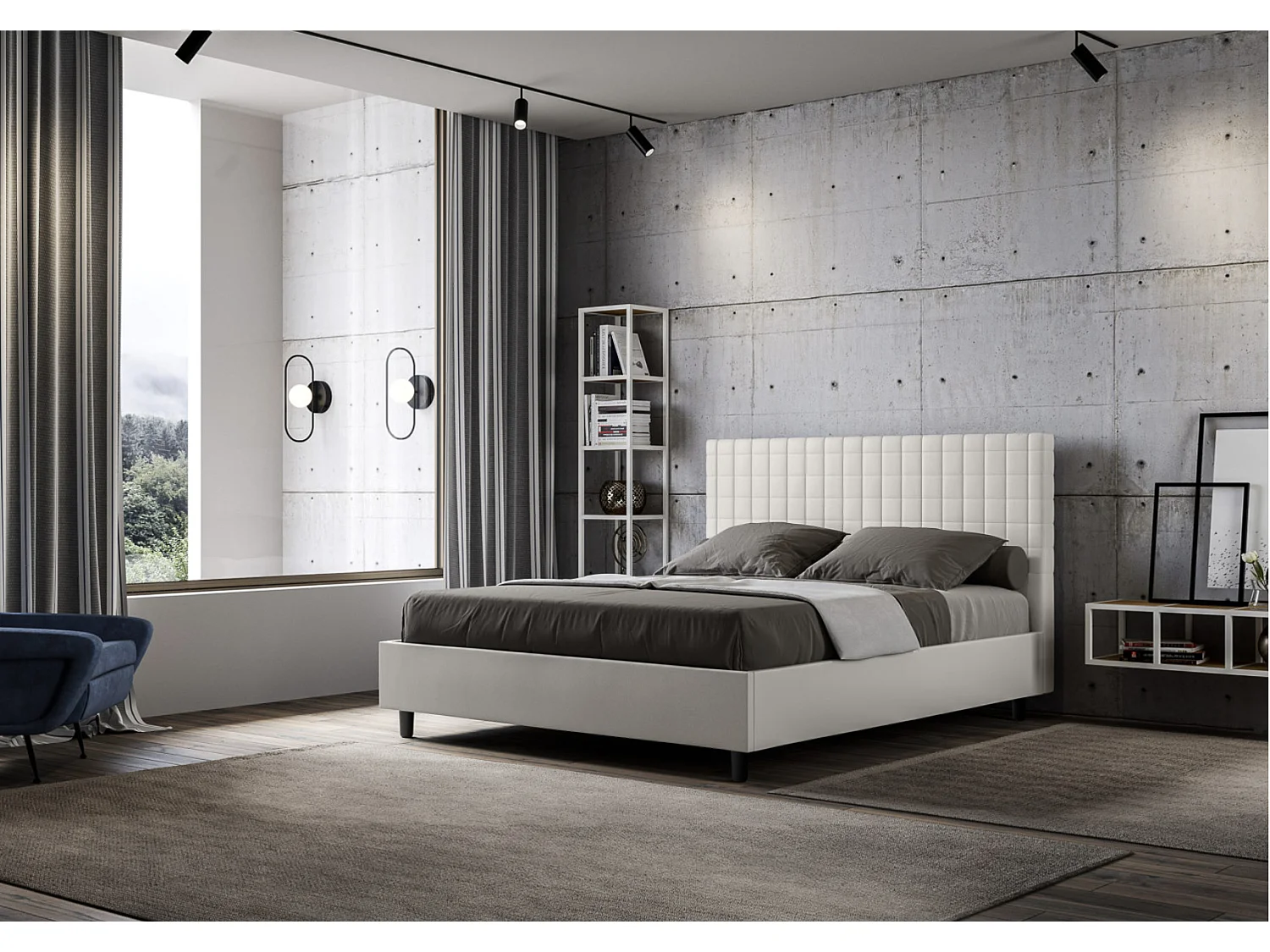 Lit matelassé à carreaux simili cuir Kunda-Couleur Beige-90x190