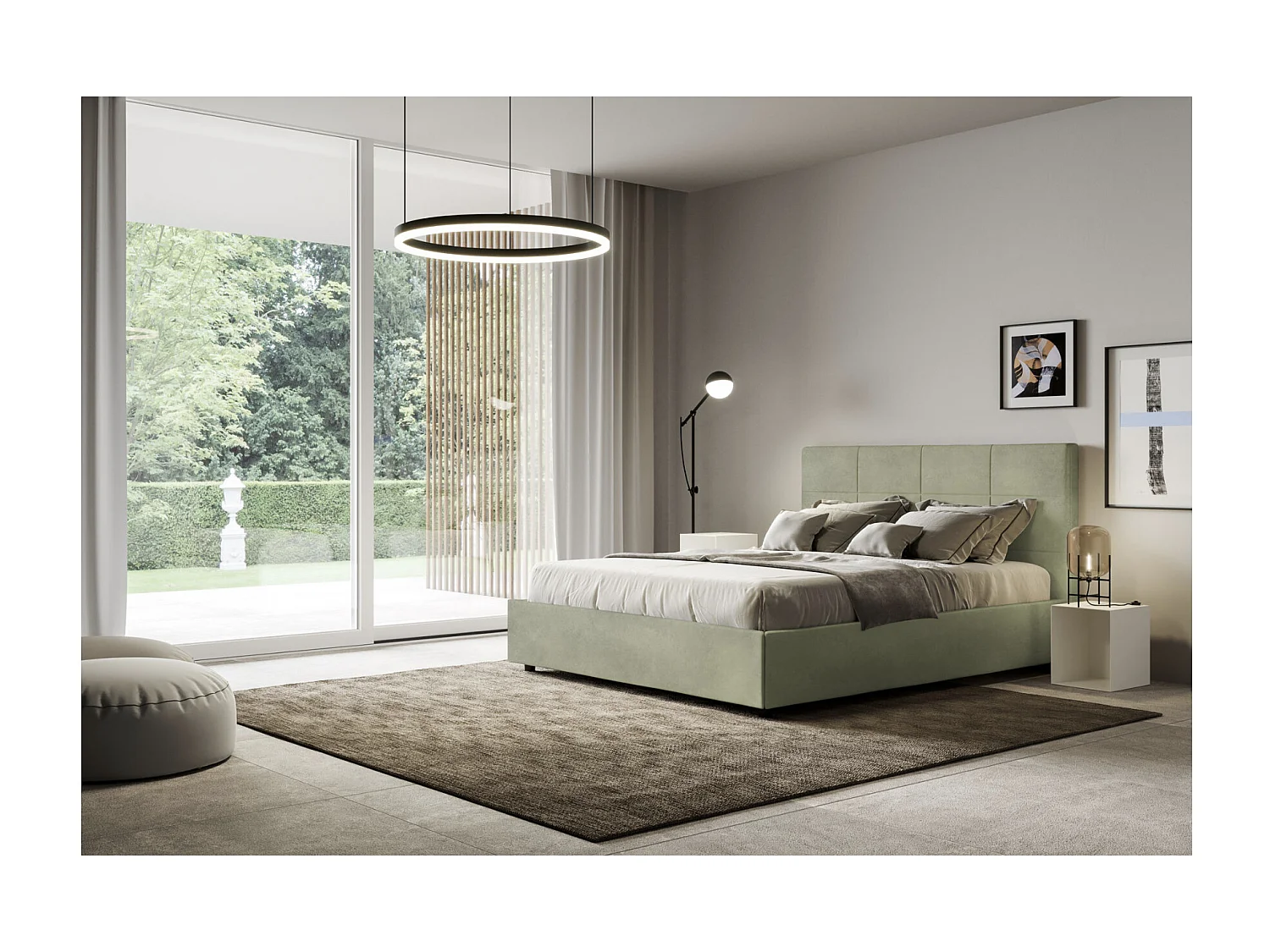 Cama tapizada de microfibra Mira-Color Verde caqui-Ropa de cama 140x190 cm-Opción Con base y caja