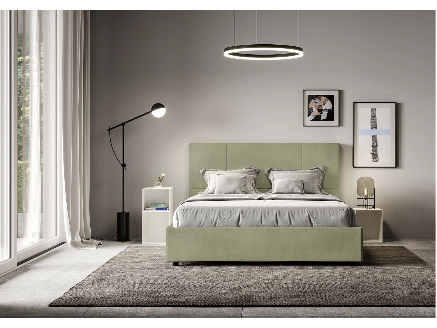 Mira microvezel gestoffeerd bed-Kleur Groen kaki-Slapen 140x190cm-Keuze Met kofferbak