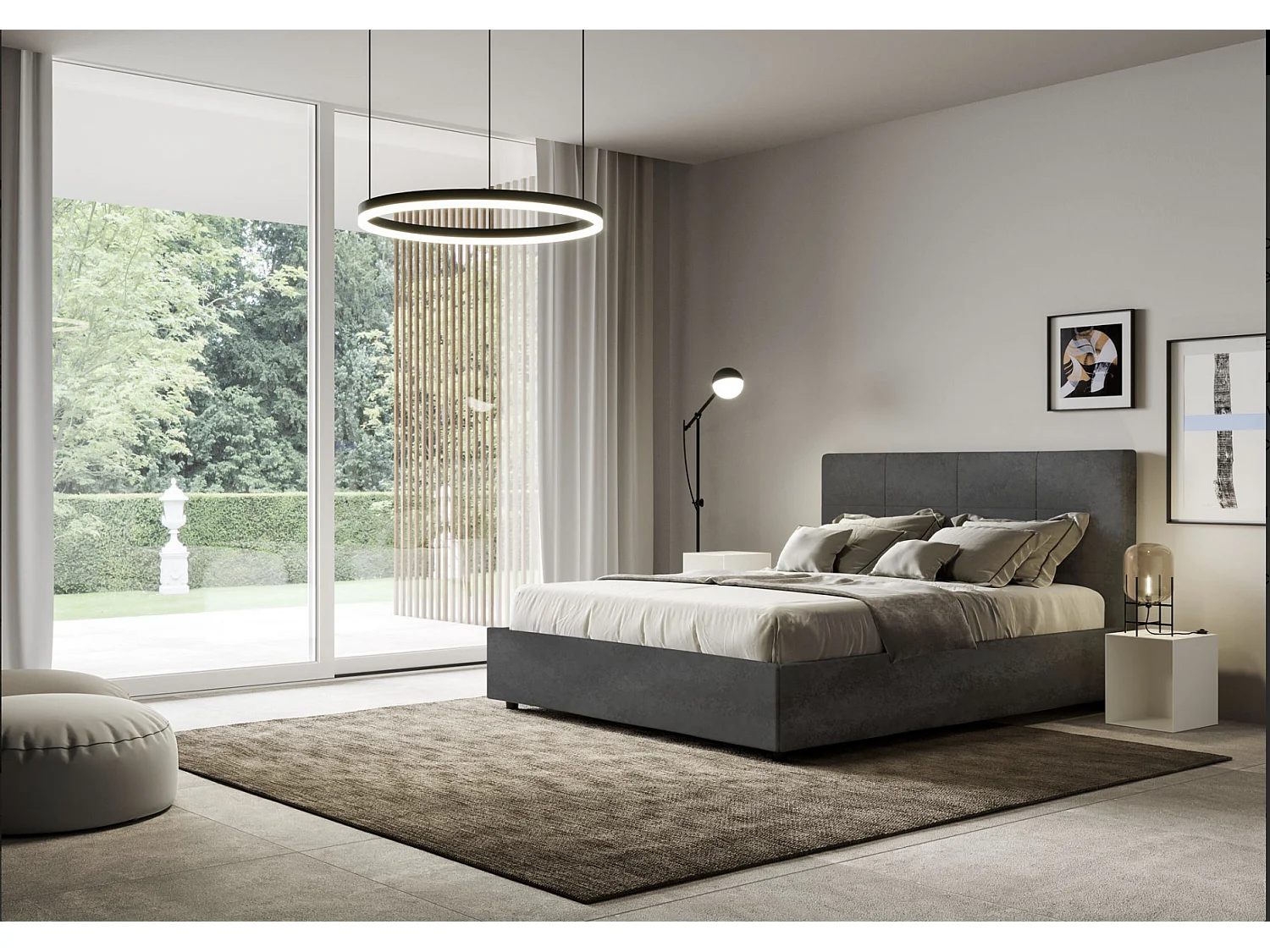 Lit capitonné microfibre Mira-Couleur Gris foncé-140x190-Option Avec coffre