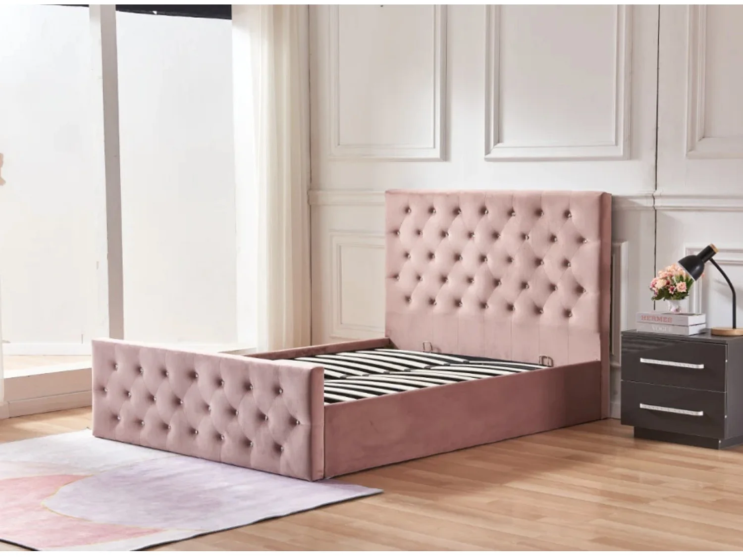 Lit coffre capitonné velours Korry-Couleur Rose clair-140x190