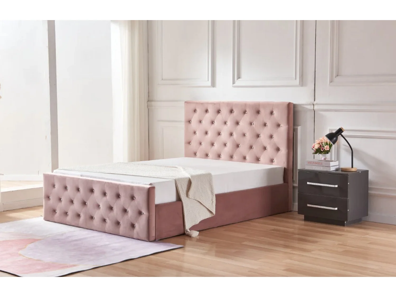 Lit coffre capitonné velours Korry-Couleur Rose clair-140x190